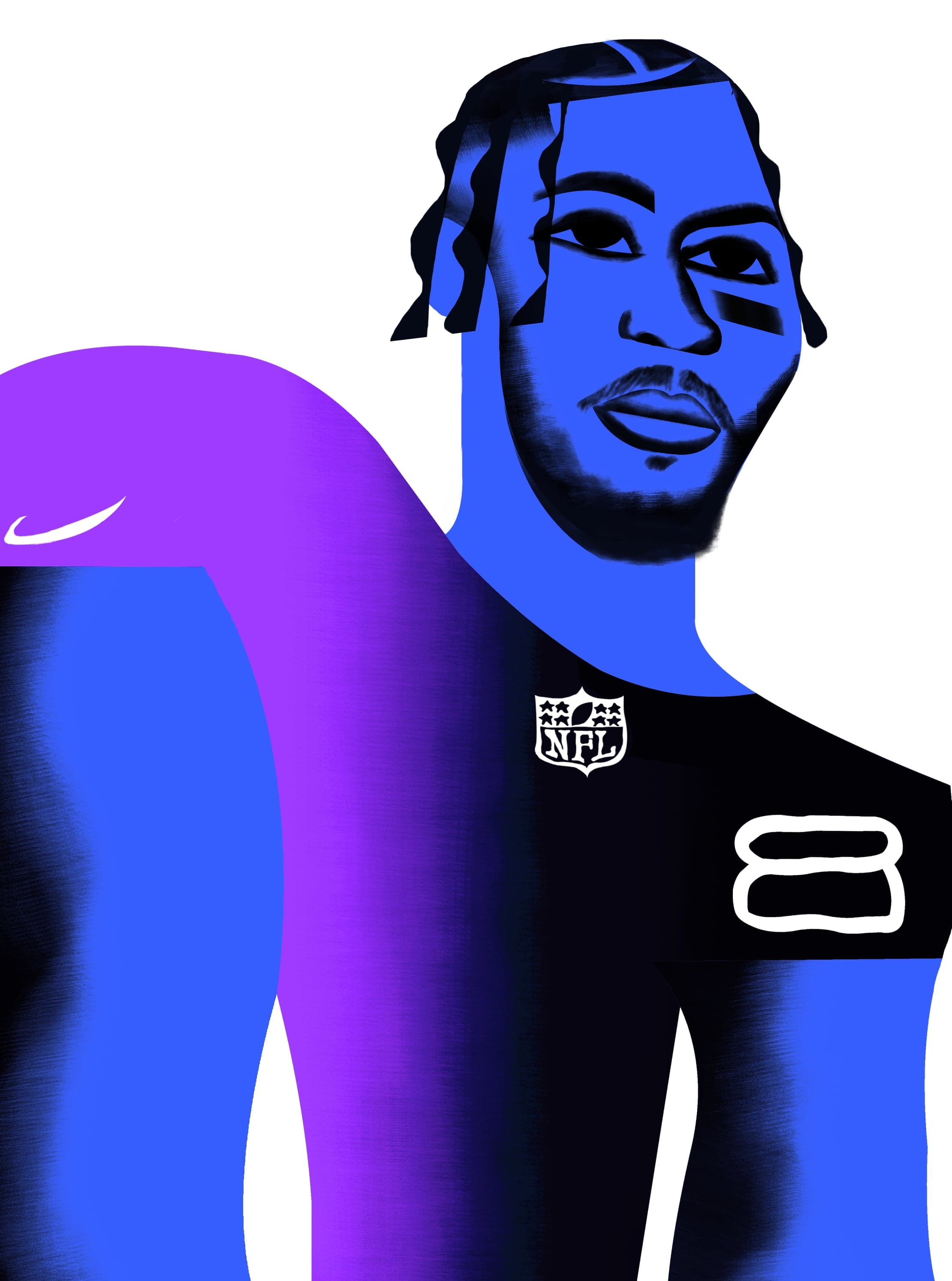 Illustrated portrait of a player in a black and blue #8 jersey