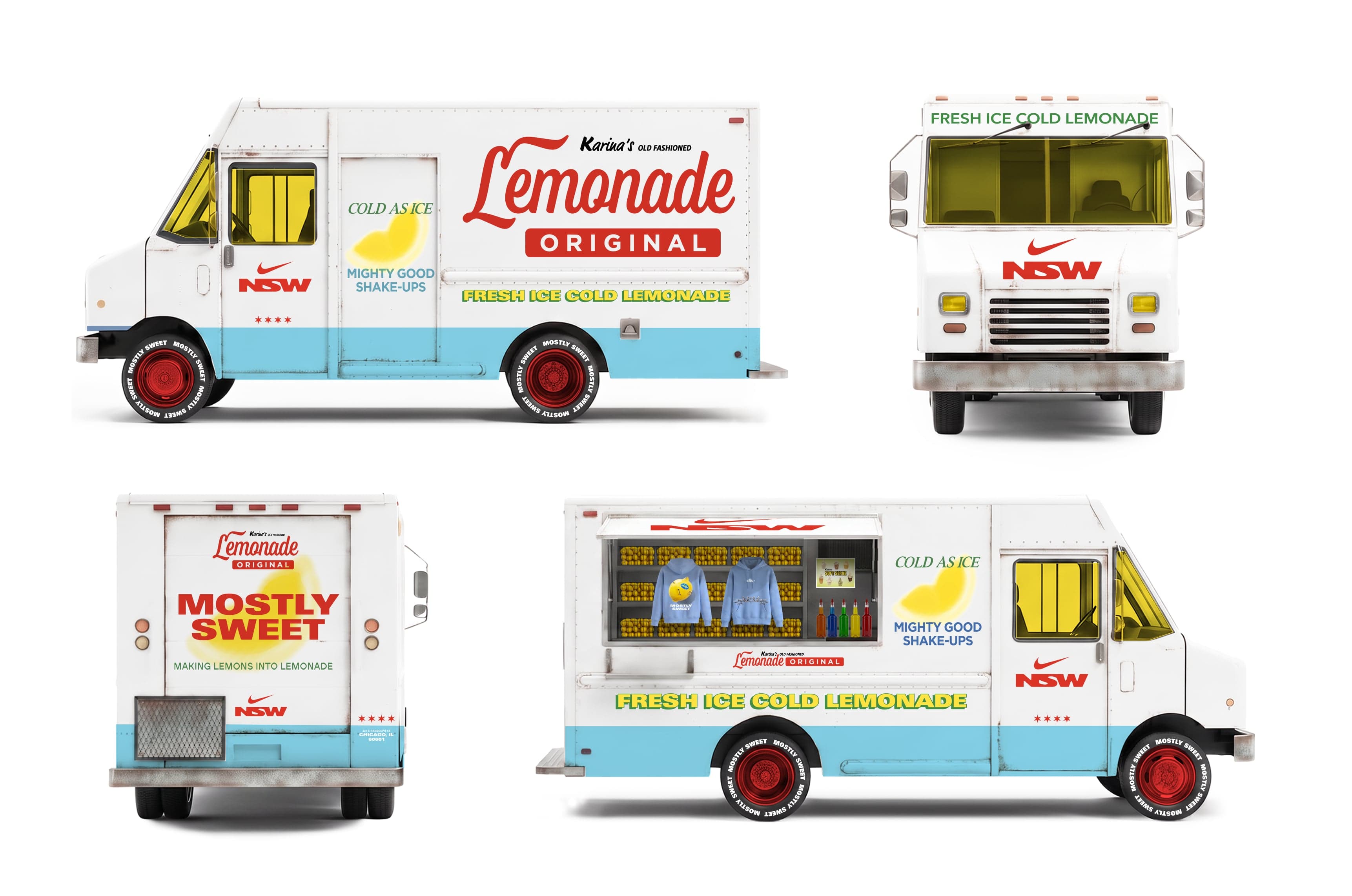 Design views of the Karina’s Lemonade truck from the front, back and both sides
