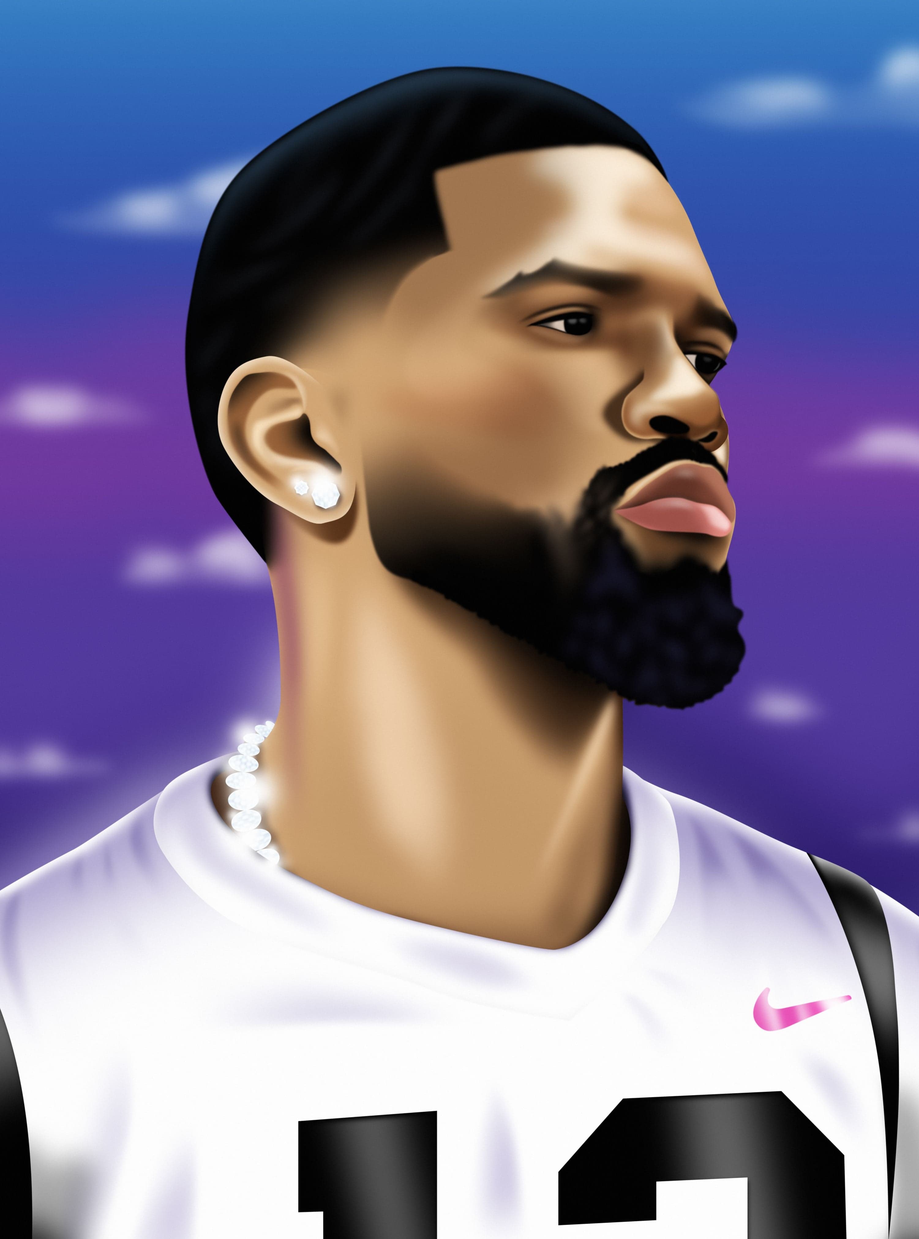A digitally painted portrait of a player in a white #13 jersey against a purple sky