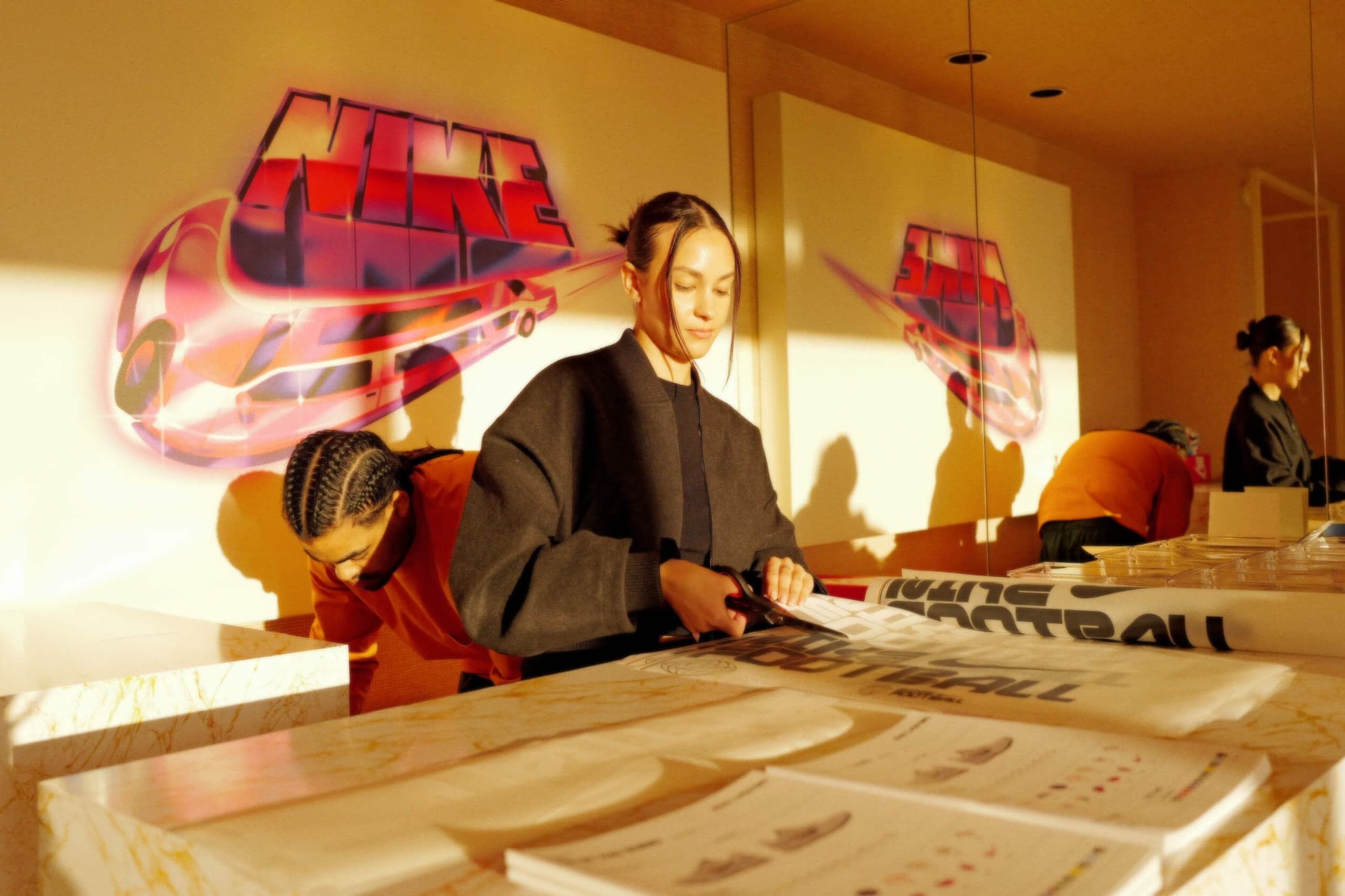 Guests customising garments at the Born X Raised table, under a mural of a pink Air Max