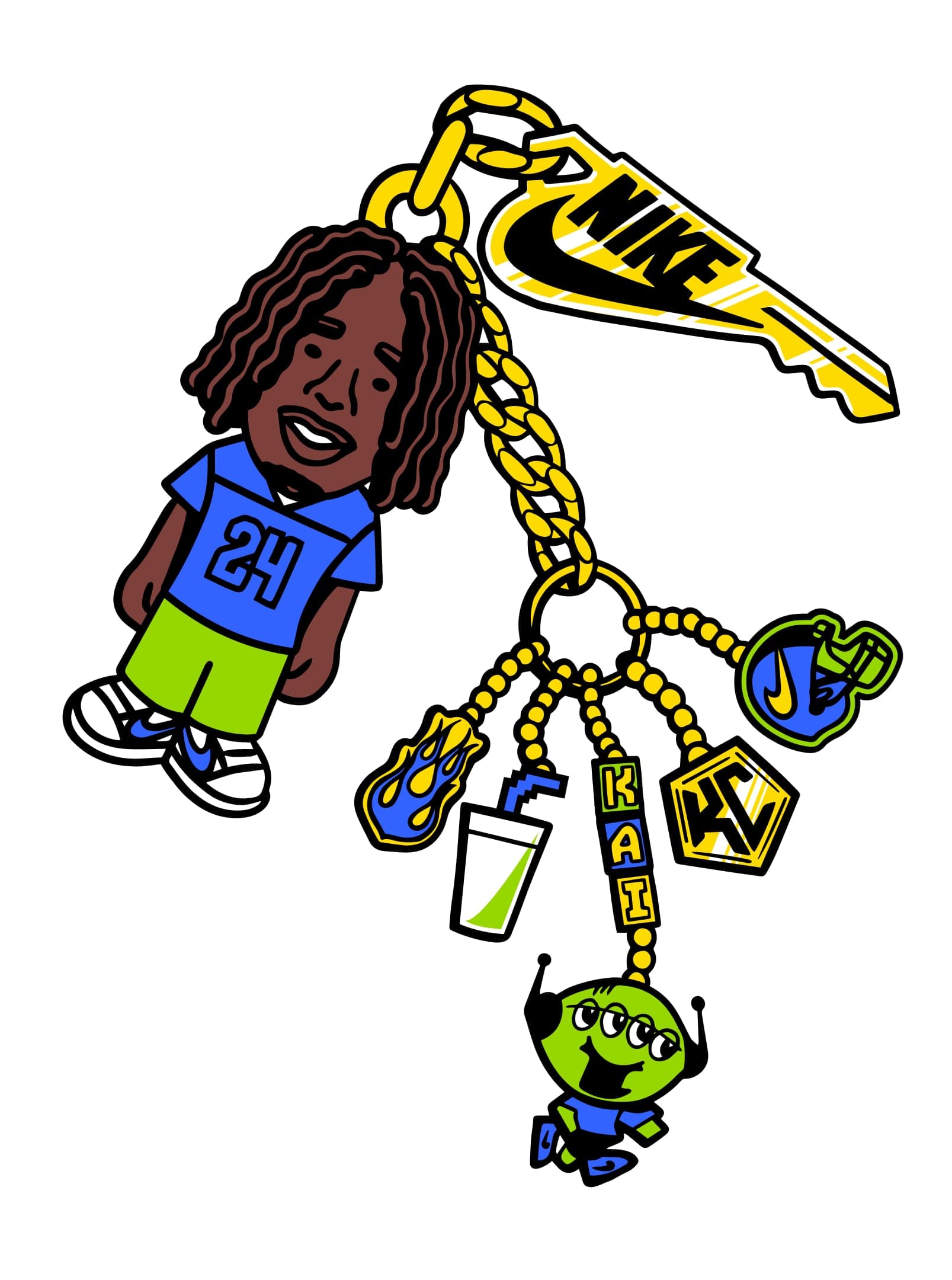 Illustration of a player character hanging from a Nike keychain with charms