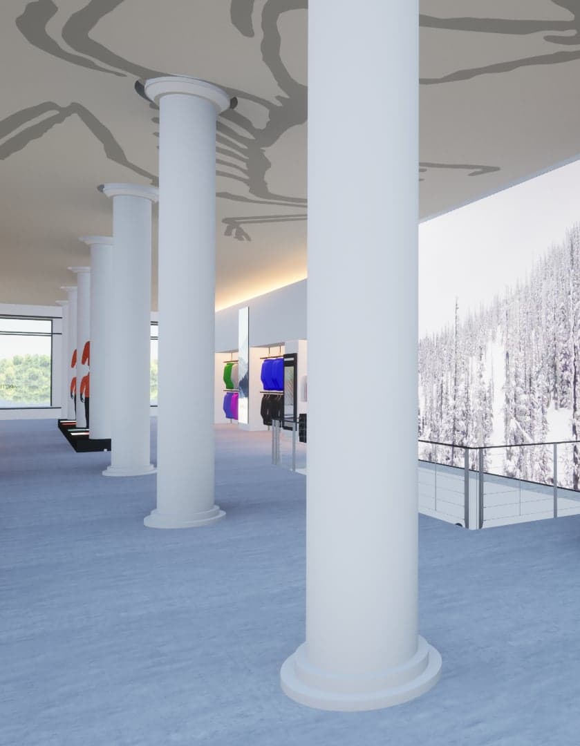 3D render of the columned interior with the Arc’teryx logo behind the counter