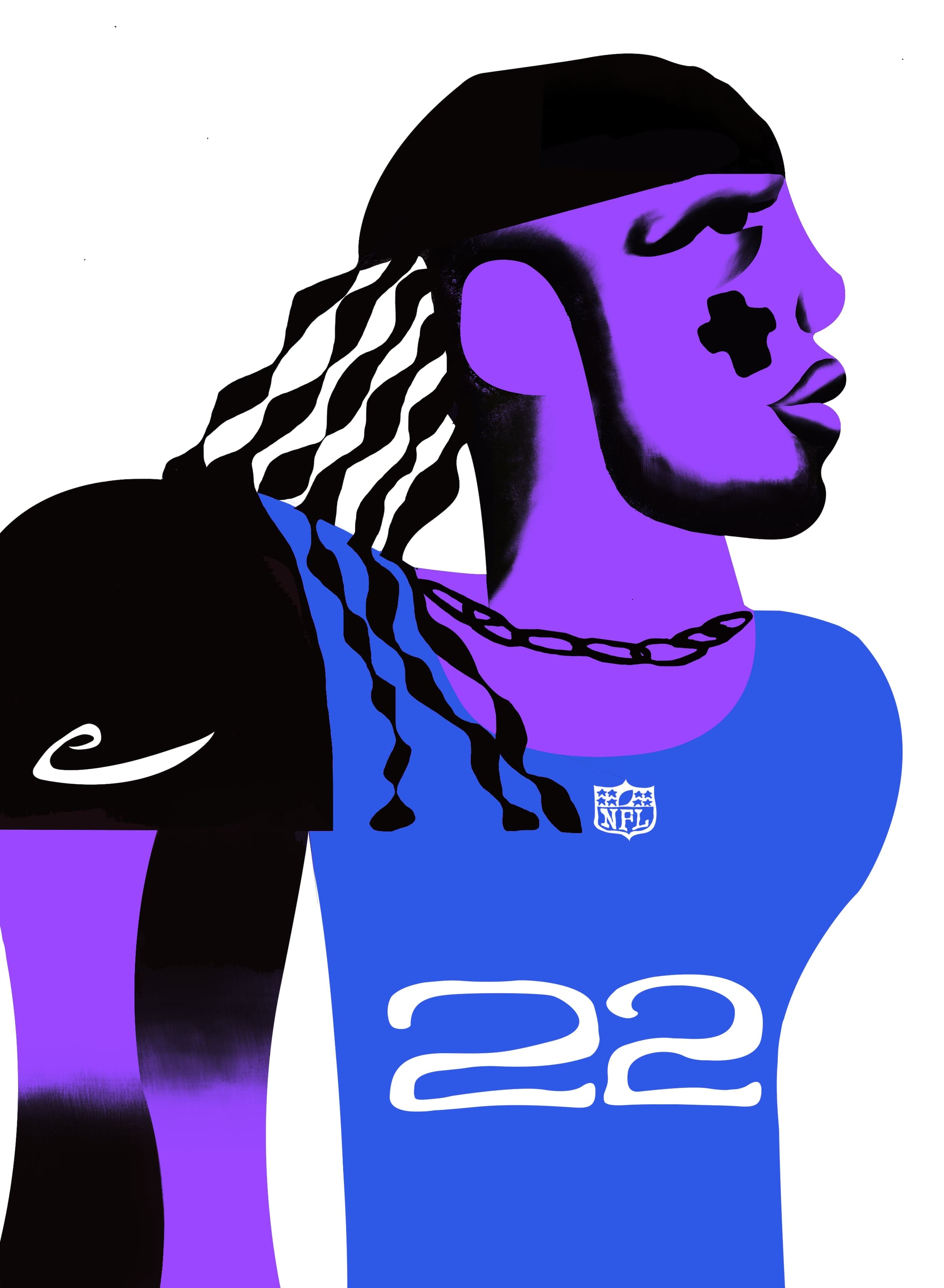Illustrated portrait of a player in a blue #22 jersey, in purple and blue