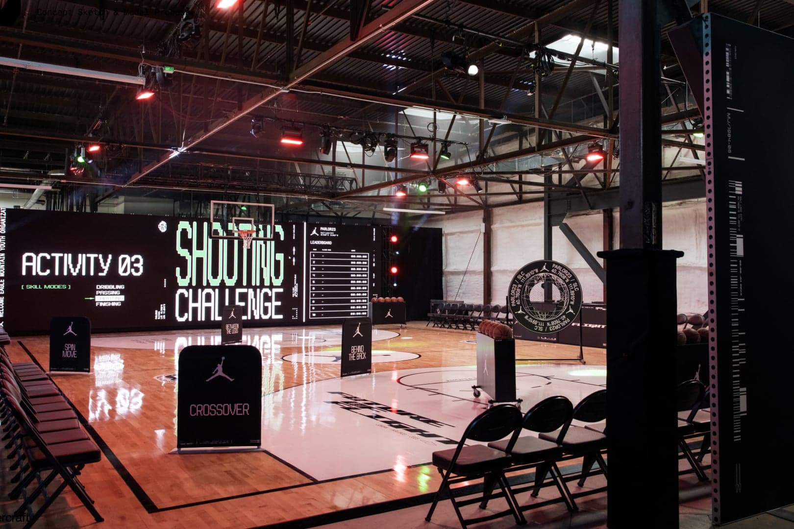 An indoor court set for the Shooting Challenge, with “Activity 03” screens, a leaderboard and rows of folding chairs