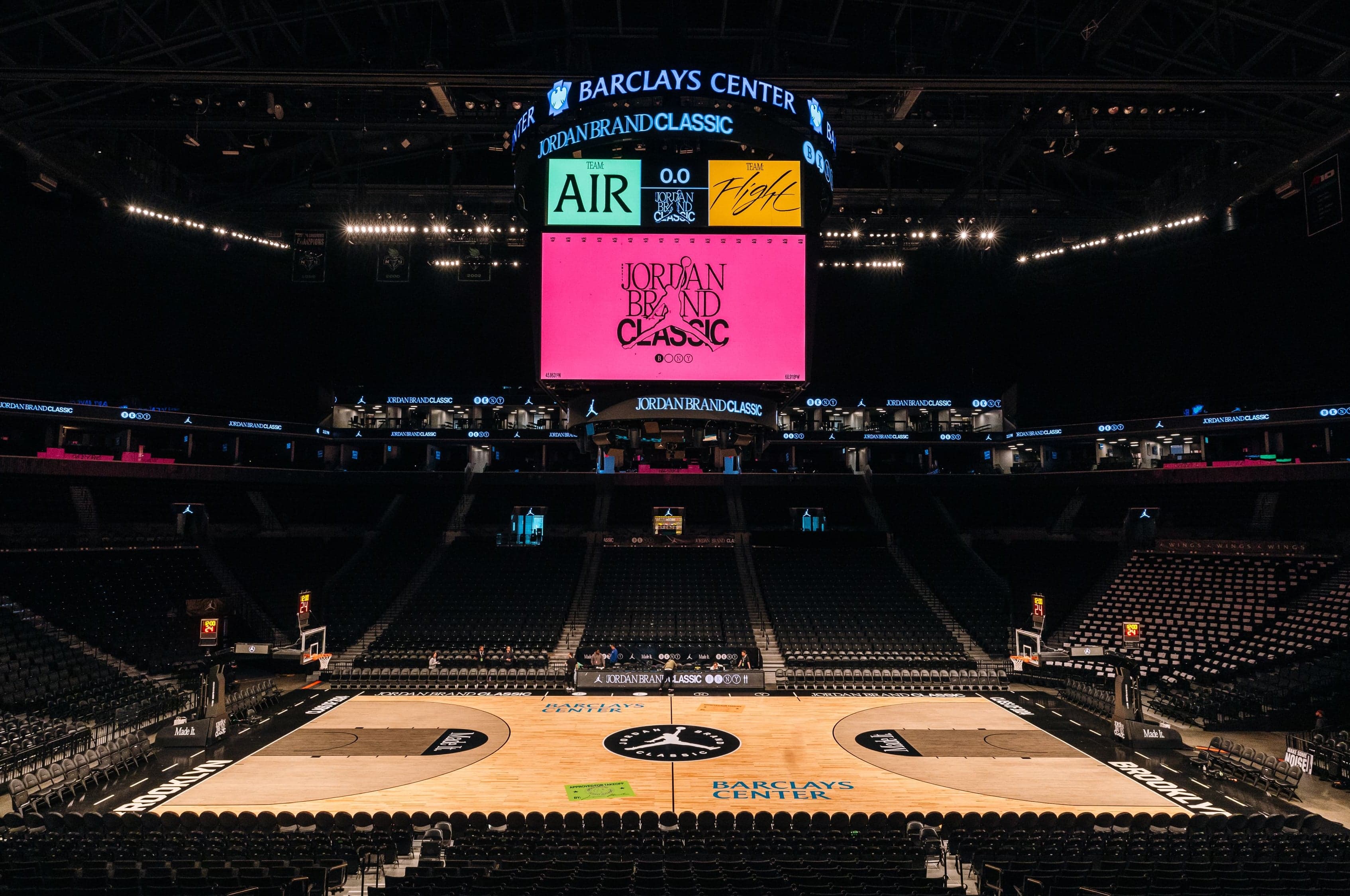 The Barclays Center court from above, the scoreboard showing the Jordan Brand Classic