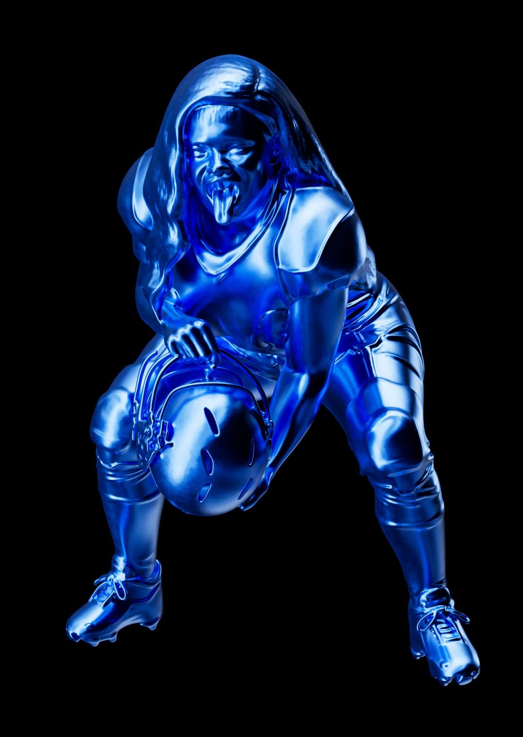 The guest’s pose recreated as a chrome-blue 3D football player on black