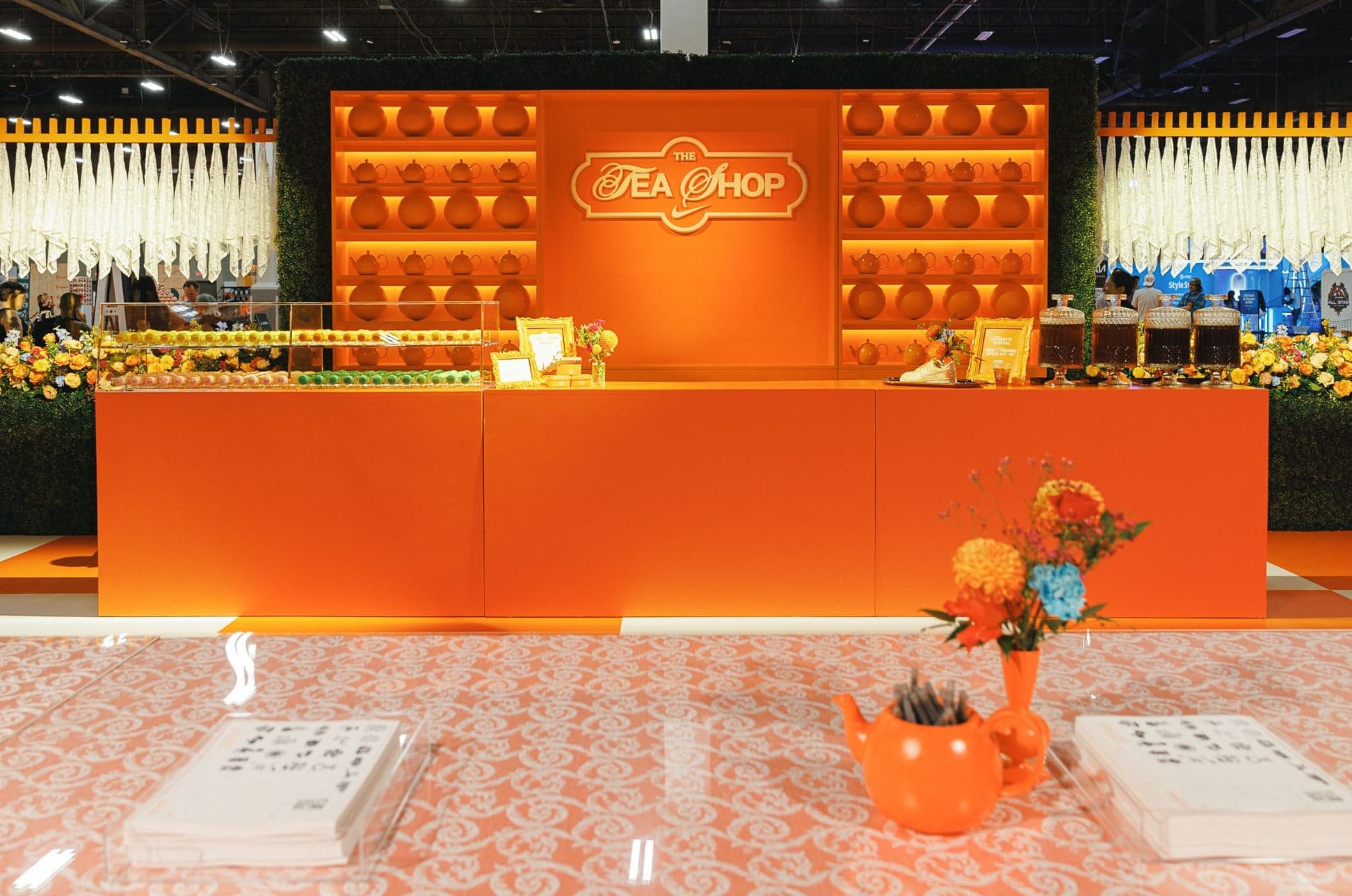 The orange Tea Shop counter, with a patterned table in front