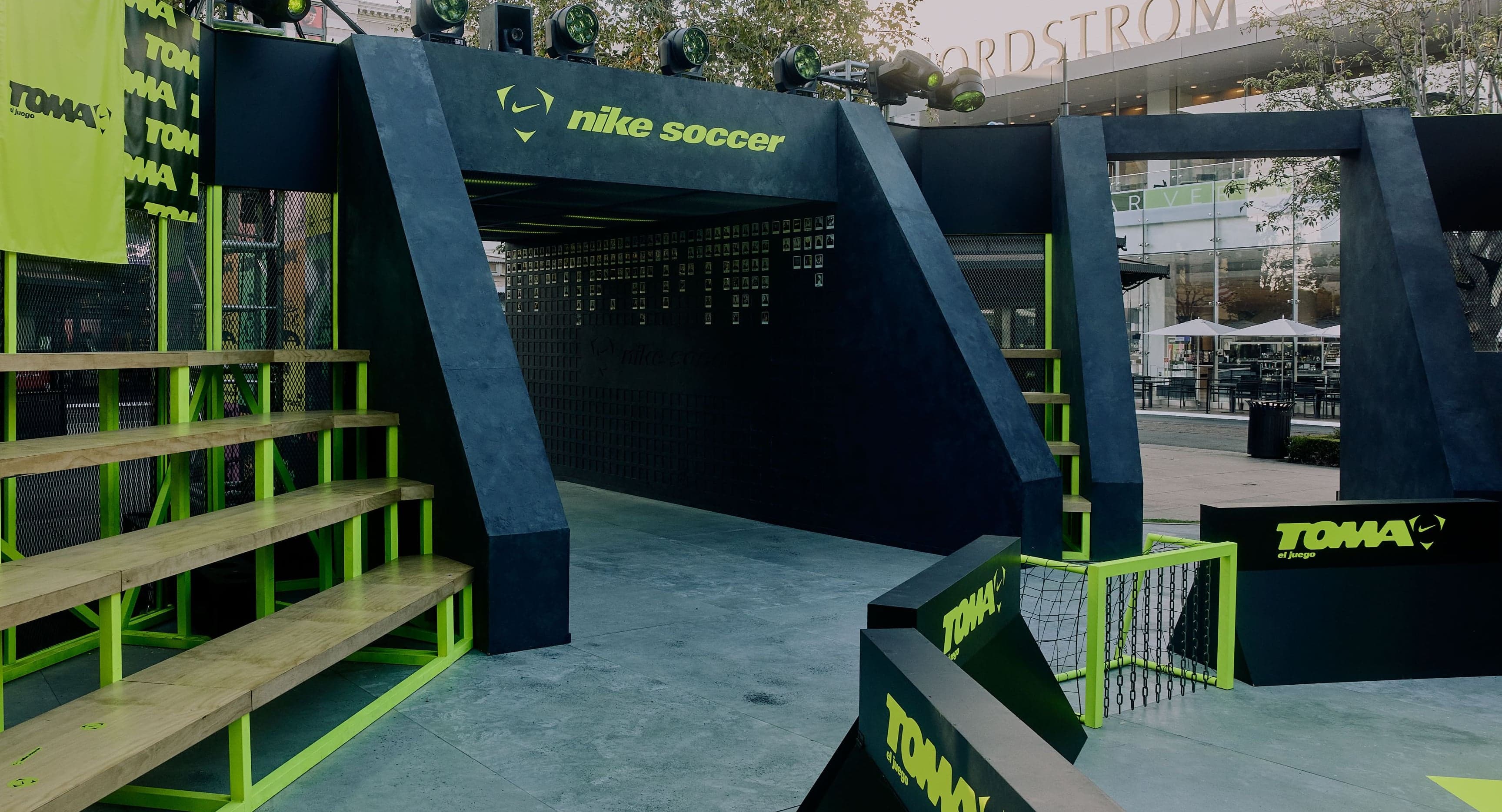 The concrete stadium’s wooden bleachers, entrance tunnel and TOMA pitch boards