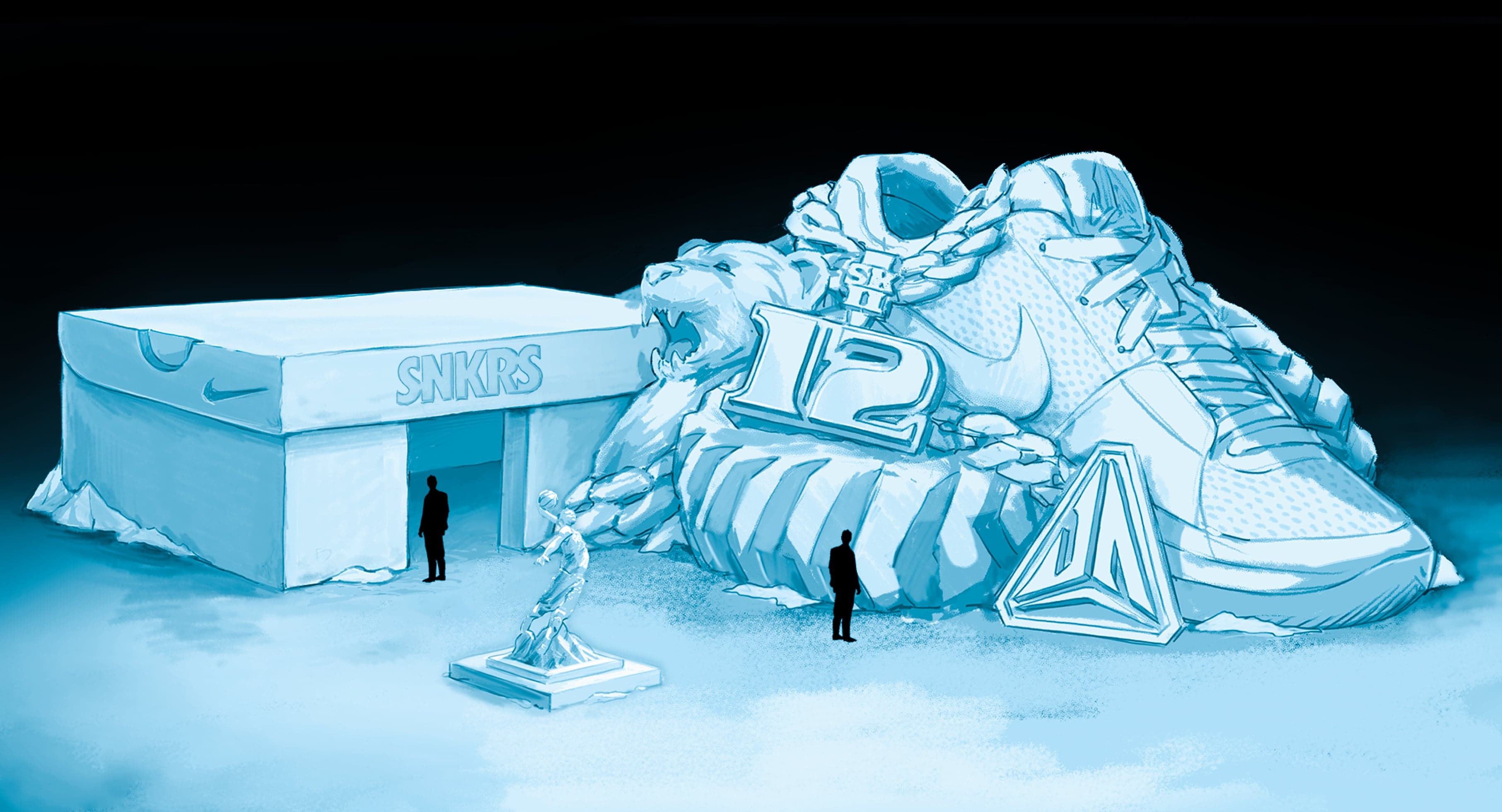 3D render of a giant ice sneaker sculpture beside a SNKRS shoebox building