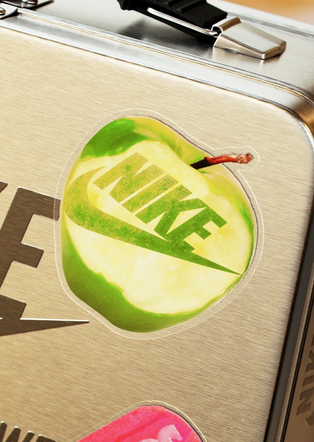 A metal lunchbox with a green Nike apple graphic