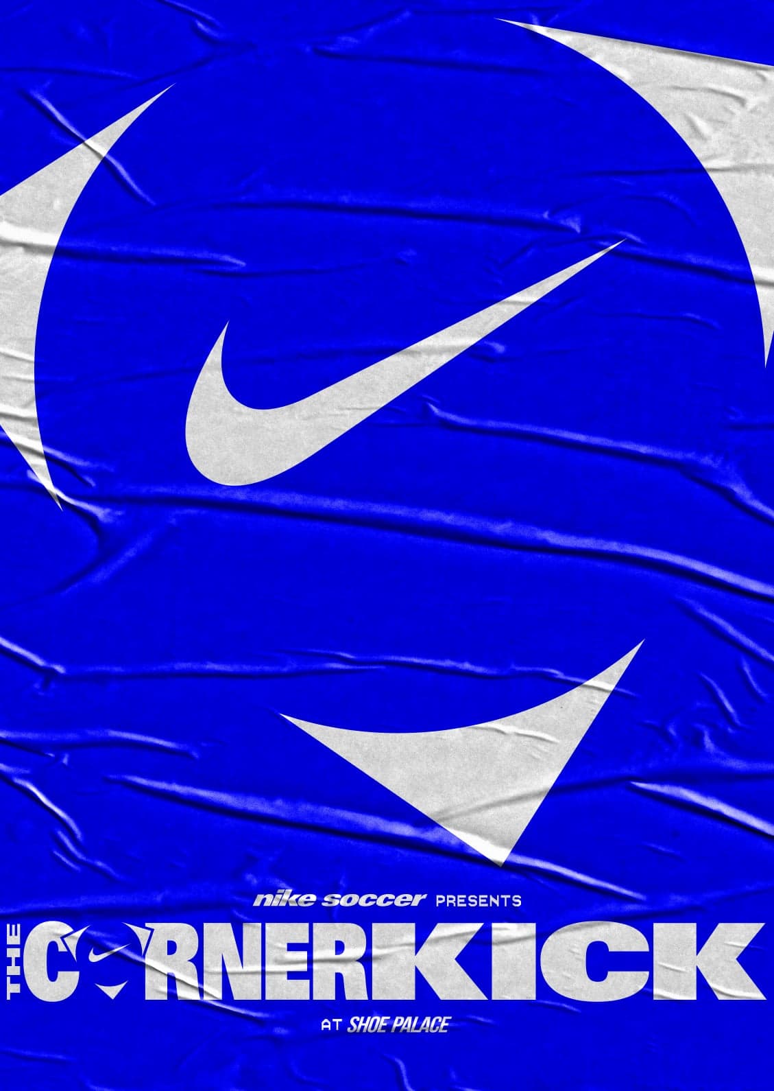 Blue Corner Kick poster with a large white Nike swoosh