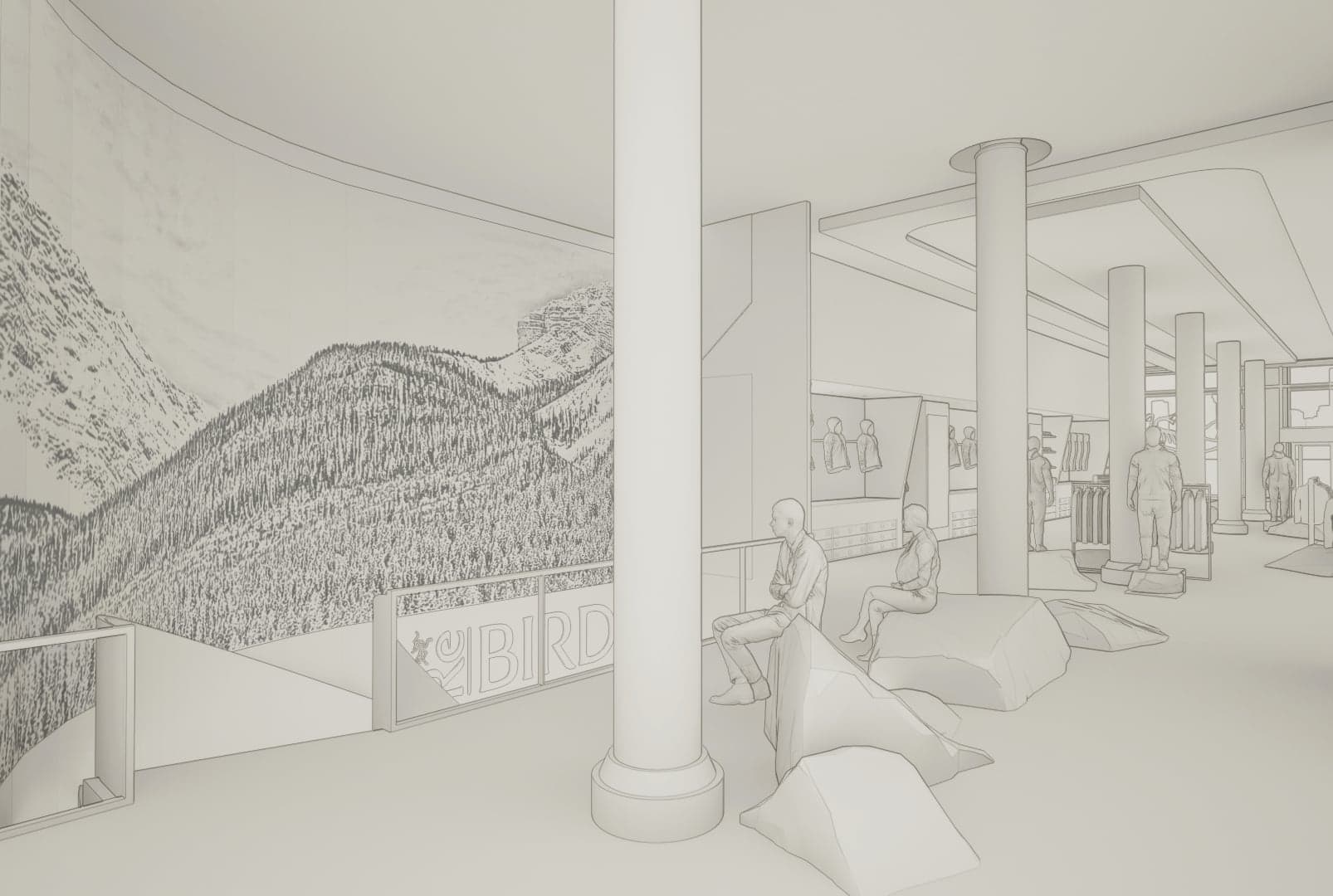 Pencil sketch of the store interior, with columns and a mountain mural