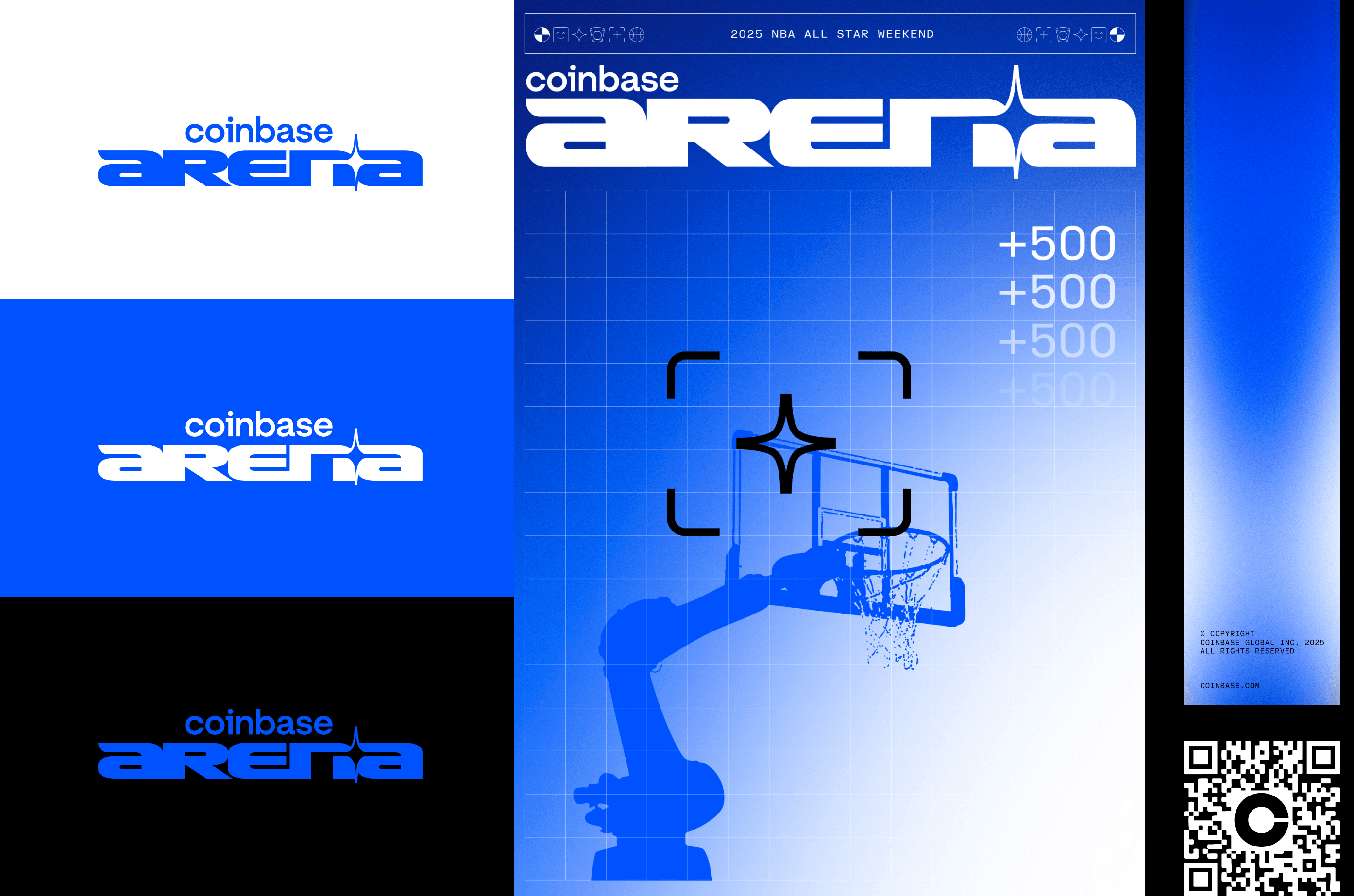 Coinbase Arena identity system: logo lockups, a poster and a QR code