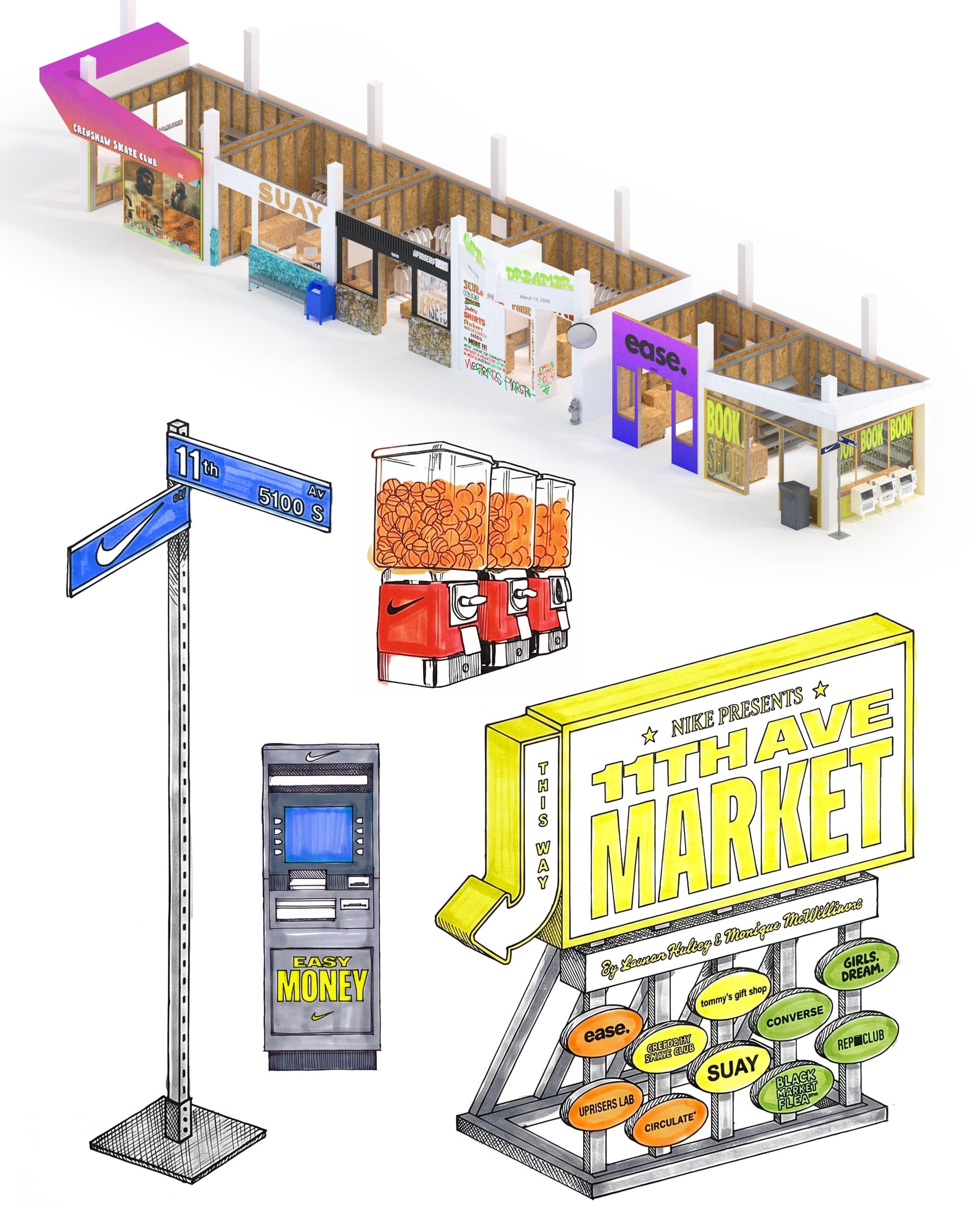 Design drawing of the 11th Ave Market sign, street signs and stalls