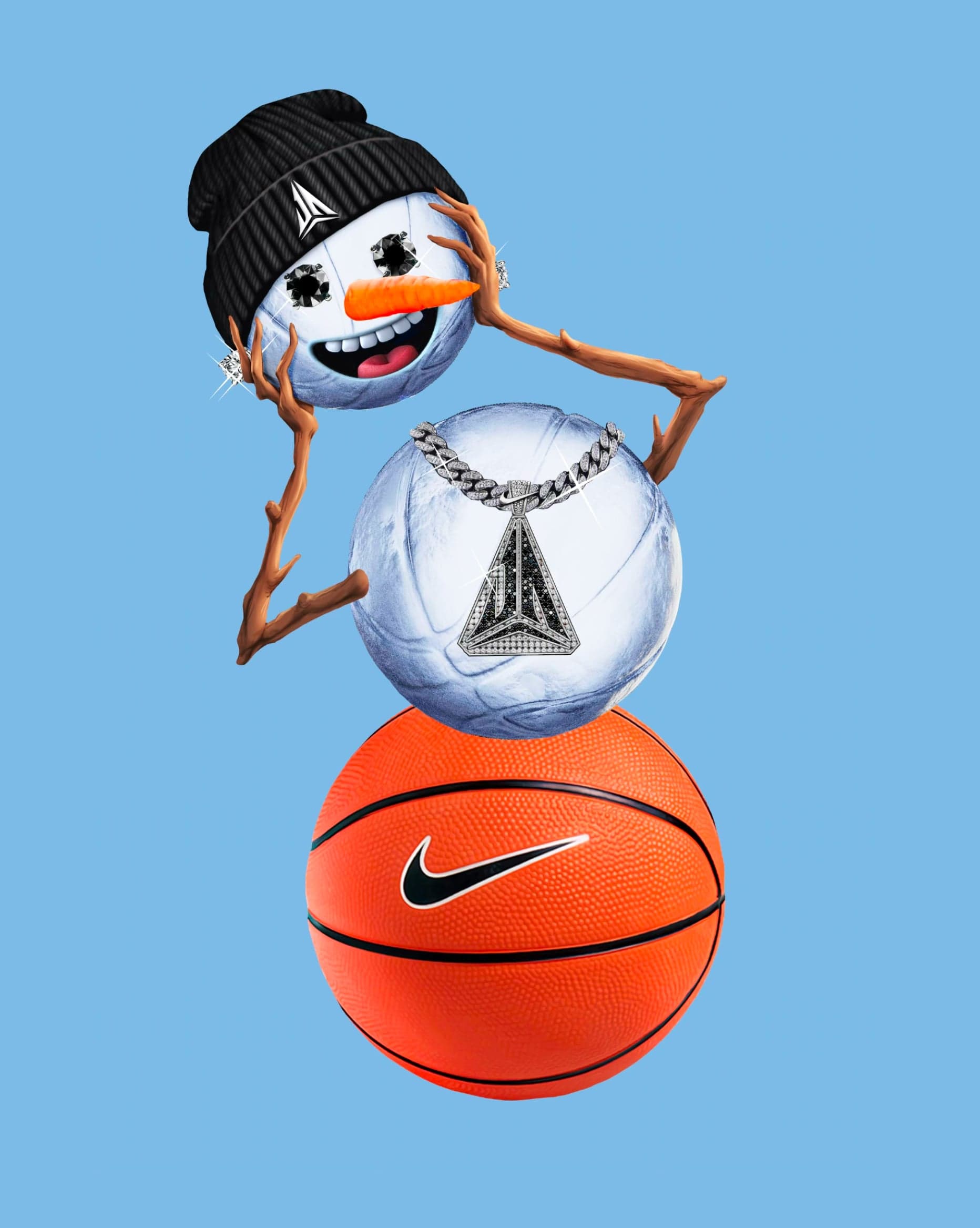 A snowman graphic built from a Nike basketball, a chain and a beanie