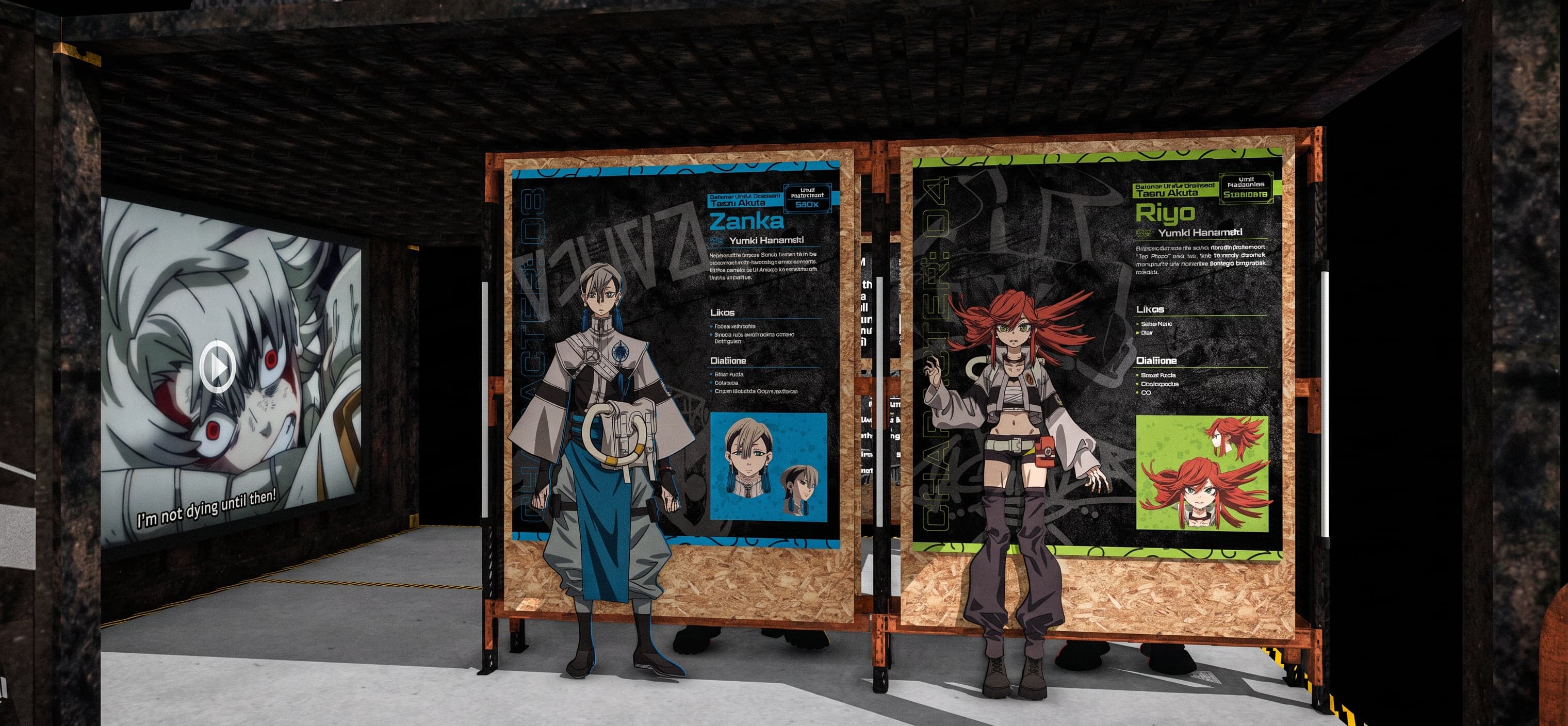 A render of the booth interior, with character panels for Zanka and Riyo beside a large anime screen