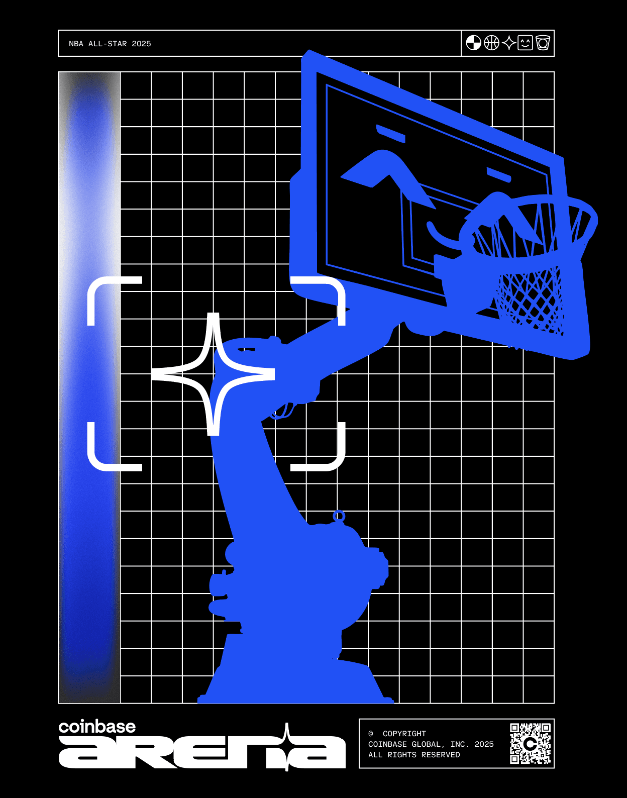 Coinbase Arena graphic of robotic hoop on grid