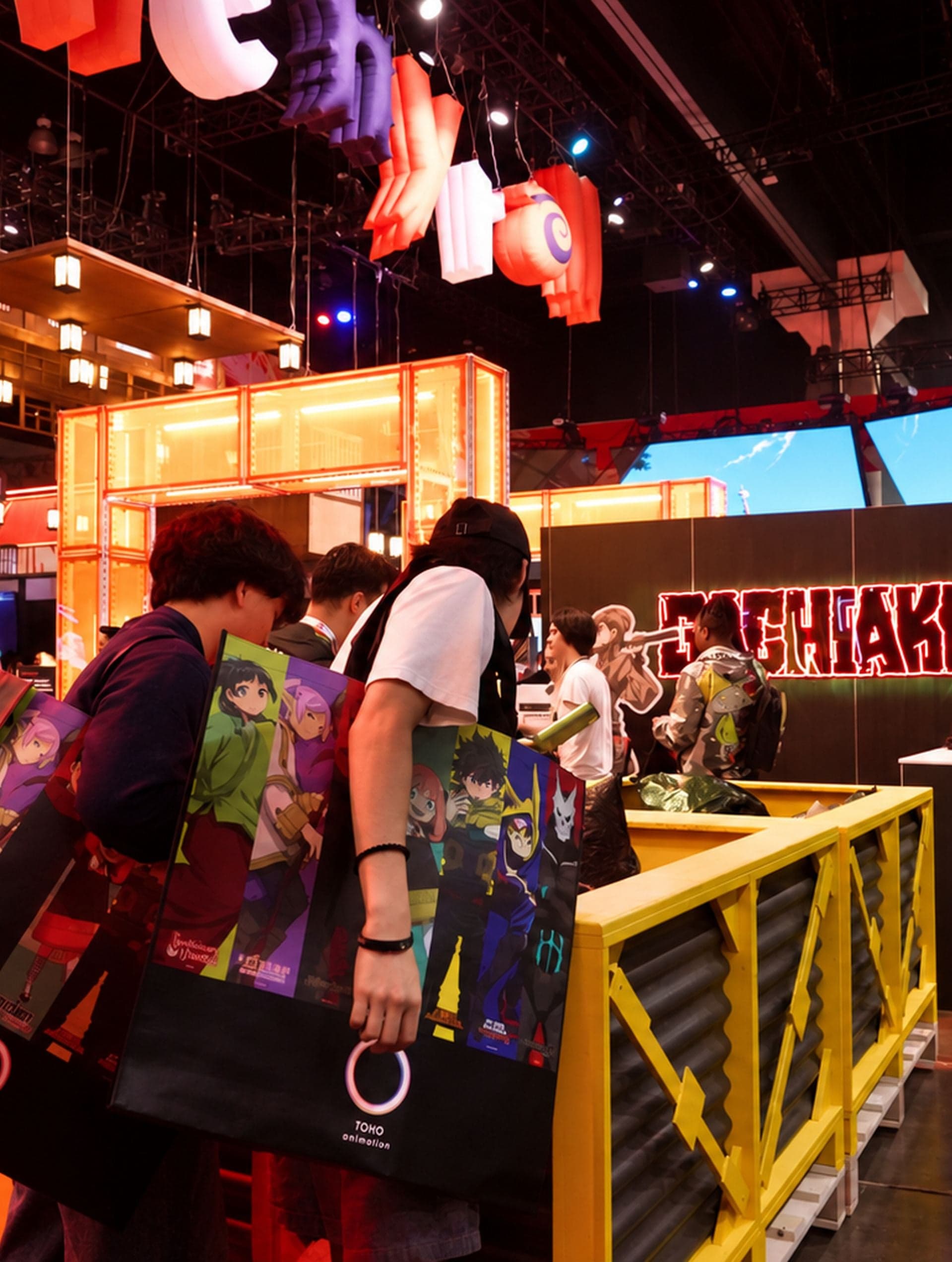 Fans with Crunchyroll tote bags at the yellow trash pit in front of the Gachiakuta wall