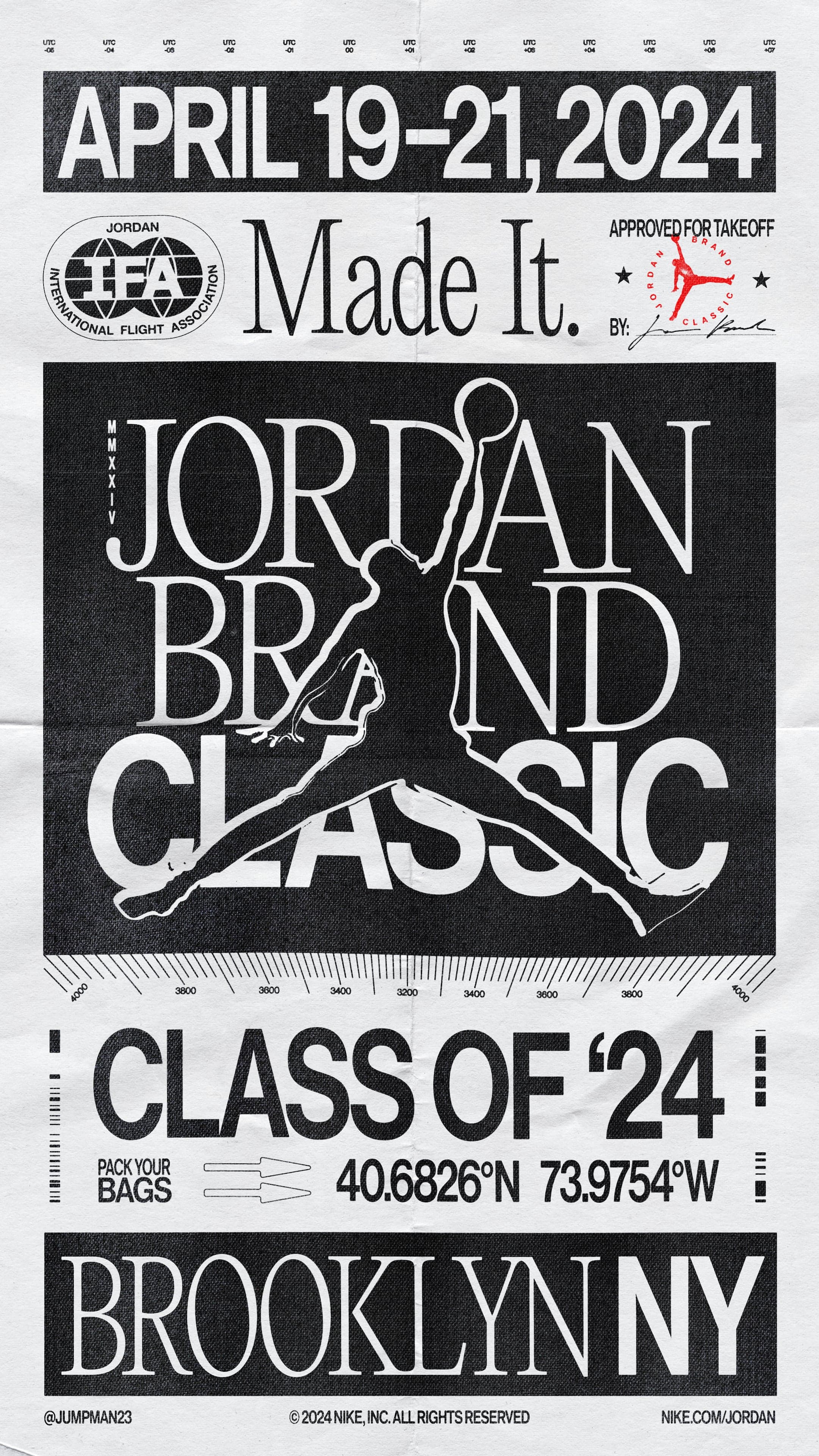 A black and white poster for April 19–21, 2024, reading Jordan Brand Classic, Class of ’24, Brooklyn NY