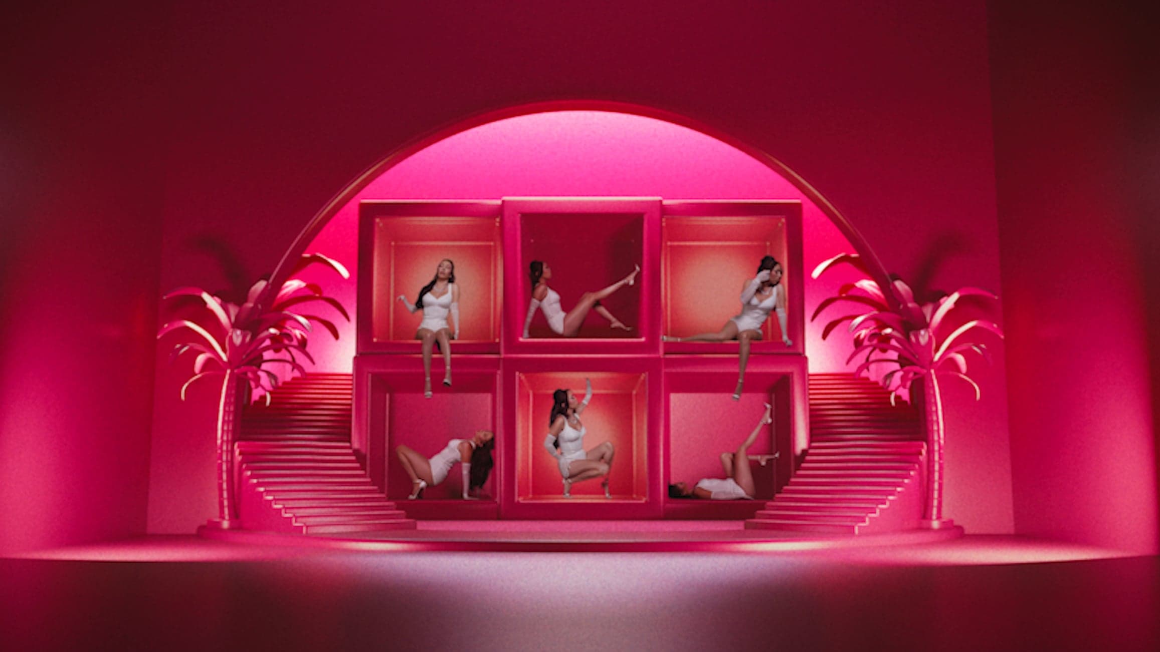 A 3D render of the pink arched stage set, performers posed in lit boxes between potted palms