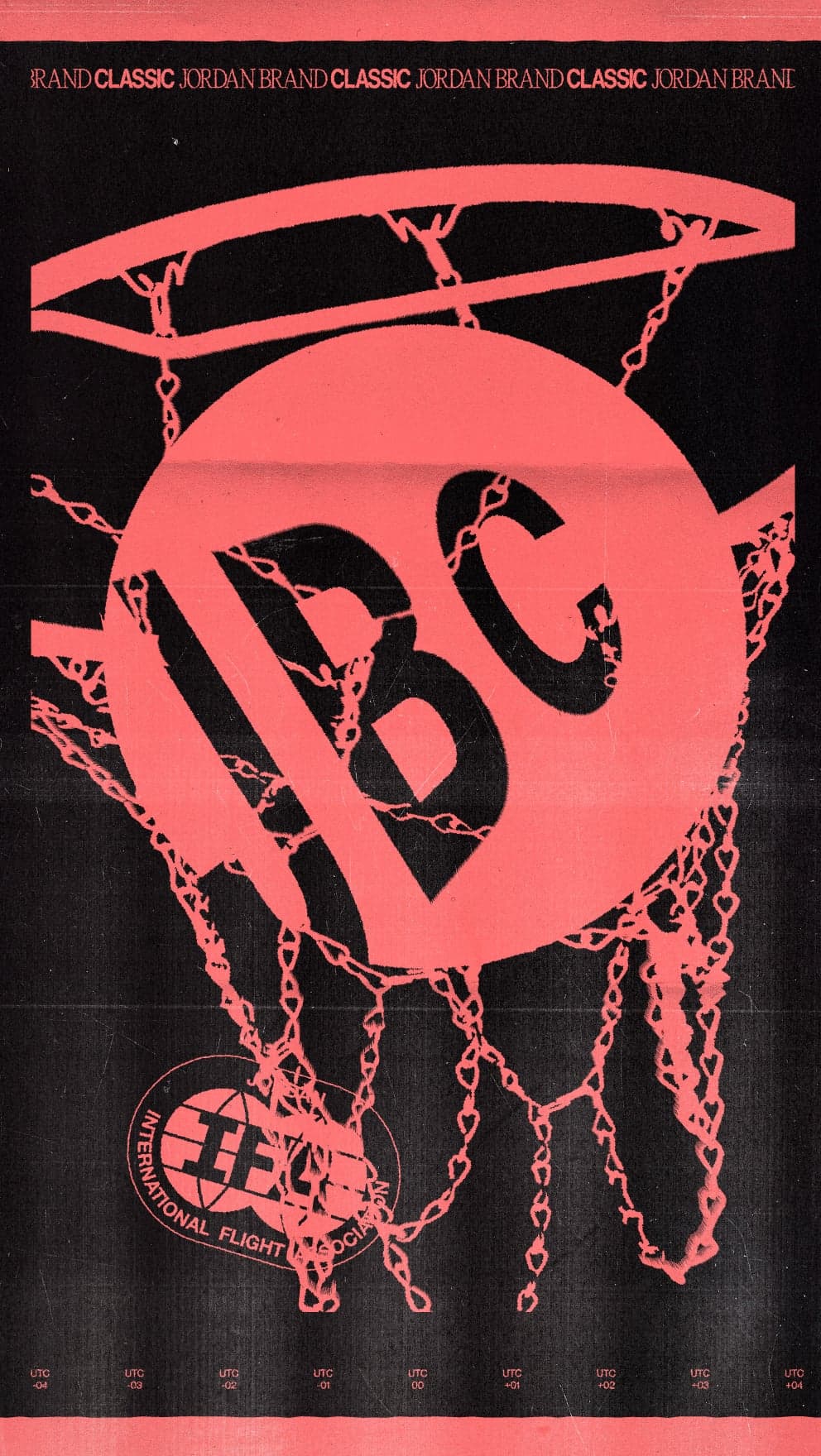 A black and salmon Jordan Brand Classic poster with a basketball hoop net around the letters JBC