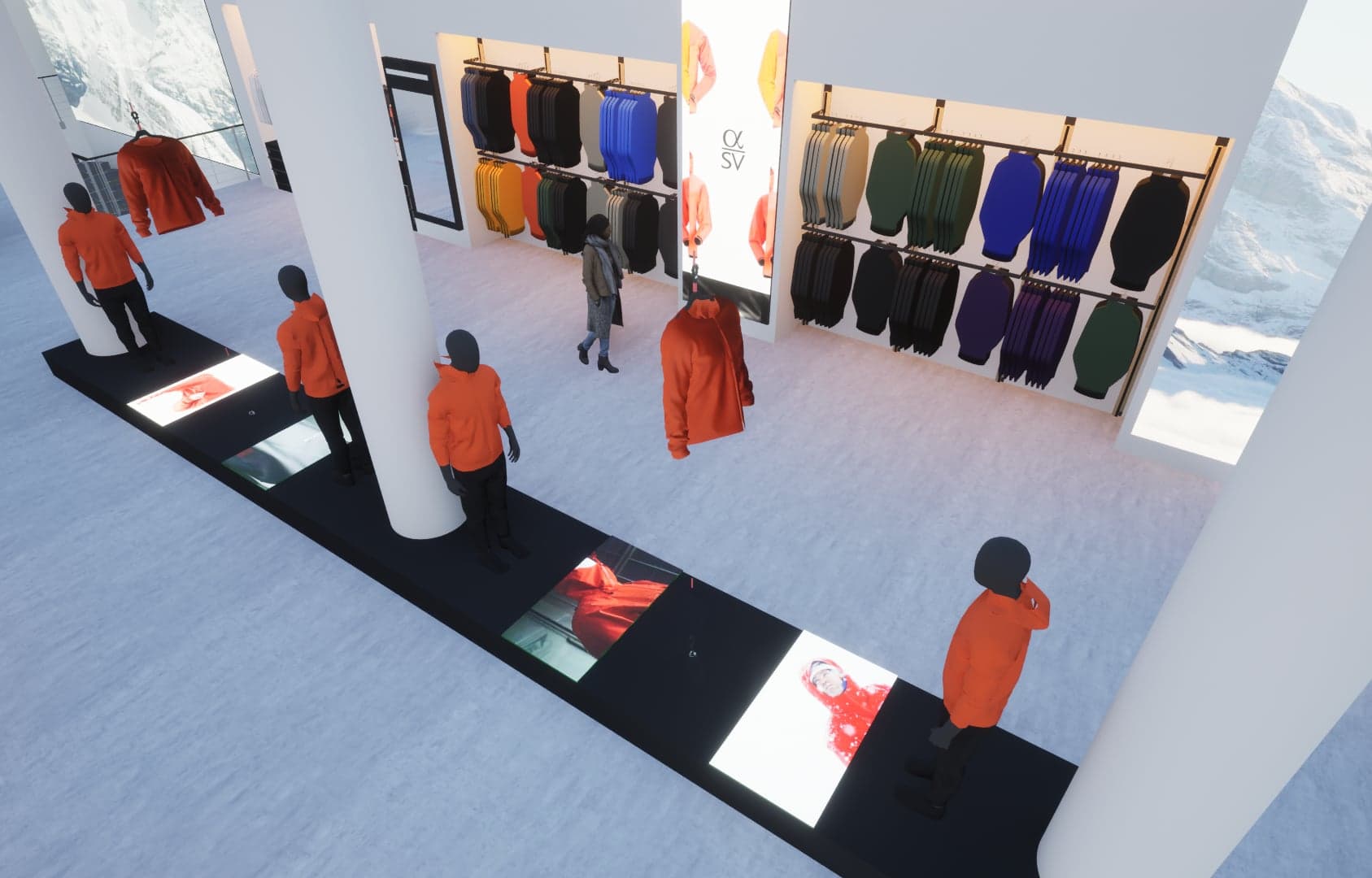 3D render of the store layout, with figures placed among clothing walls
