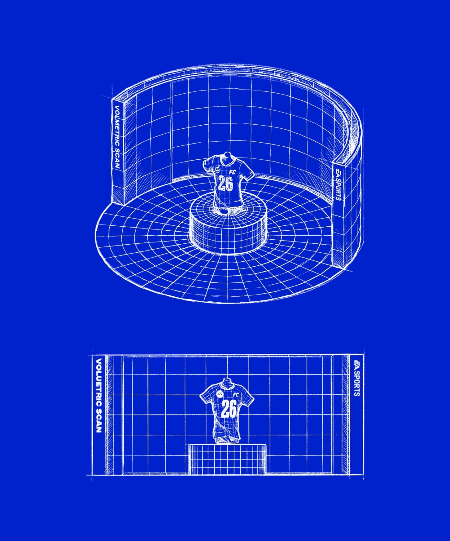 A white wireframe drawing of the Volumetric Data booth on blue: the curved screen, a jersey on a plinth, and a front view