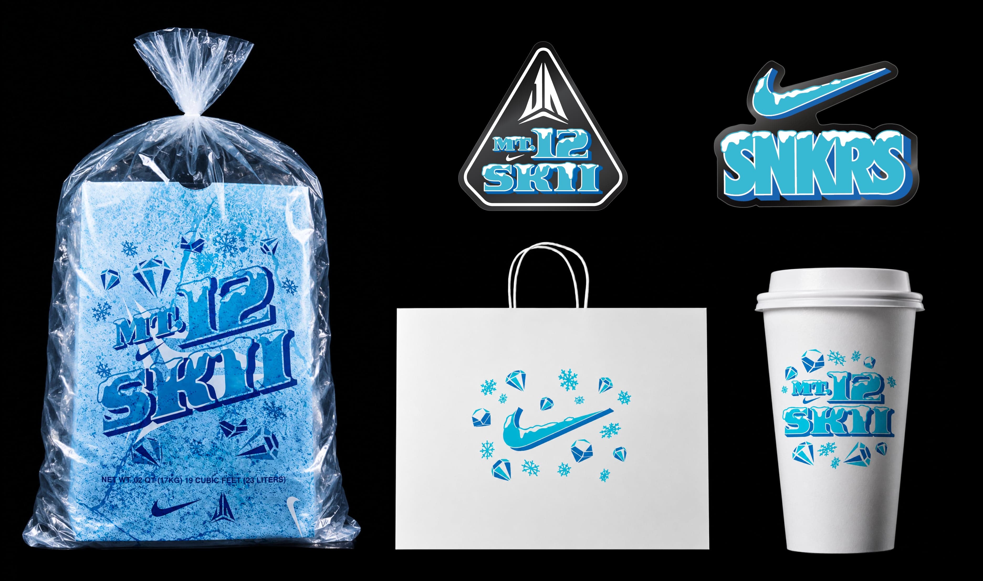 Mt.12Skiii merch designs: an ice bag, stickers, a white tote and a cup