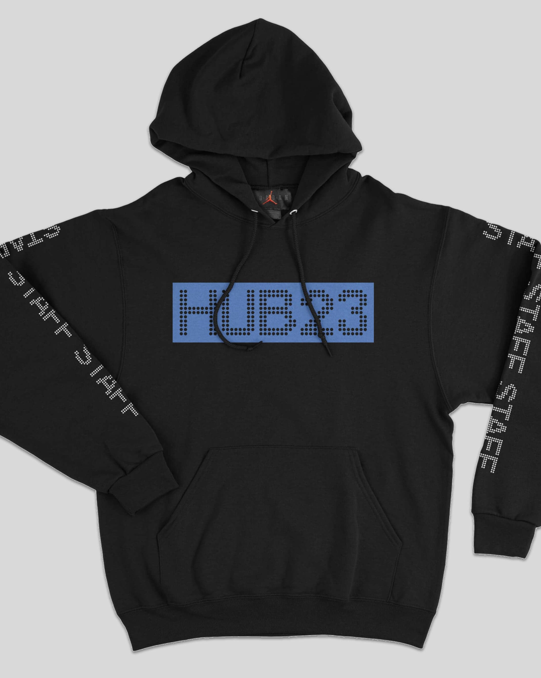 A black HUB23 staff hoodie on a grey card