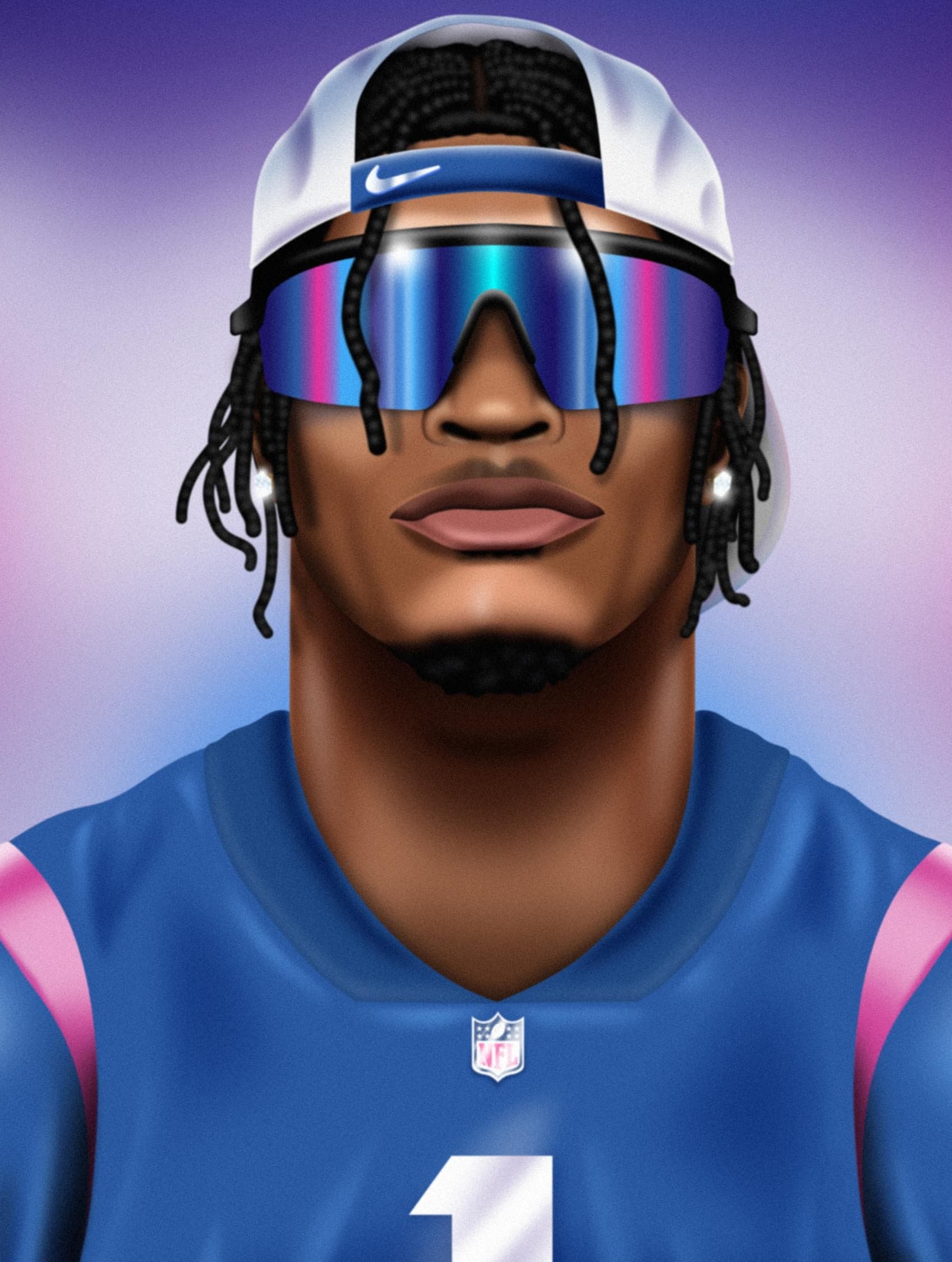 An illustrated portrait of a player in visor sunglasses and a blue