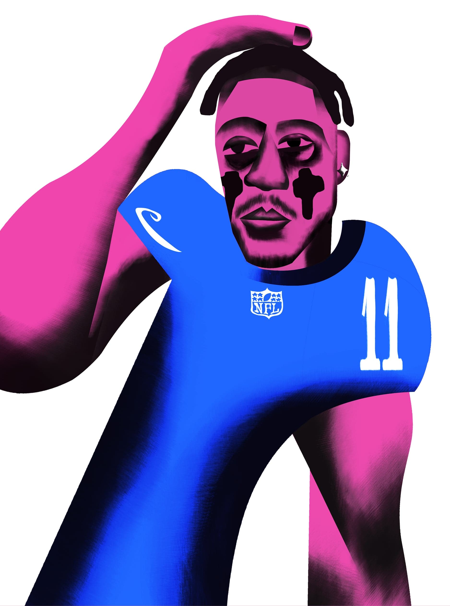 Illustrated portrait of a player in a #11 jersey, hand on head
