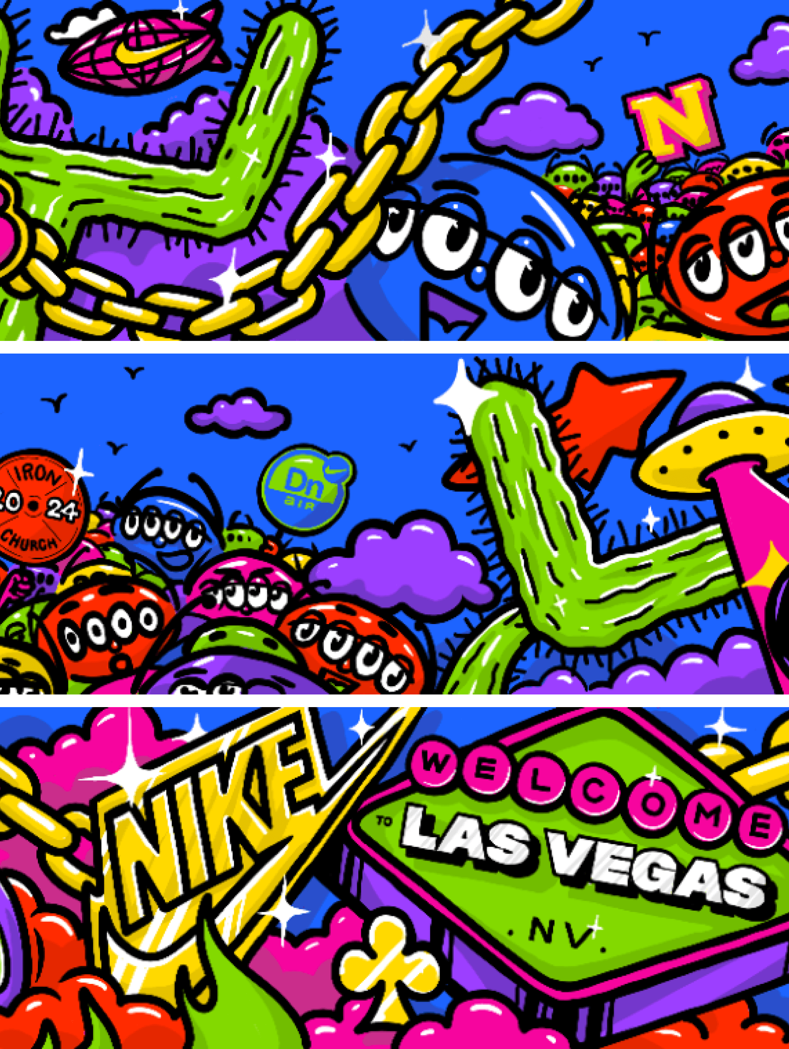 A busy cartoon mural of chains, characters, “The Next Ones” and a “Welcome to Las Vegas” sign