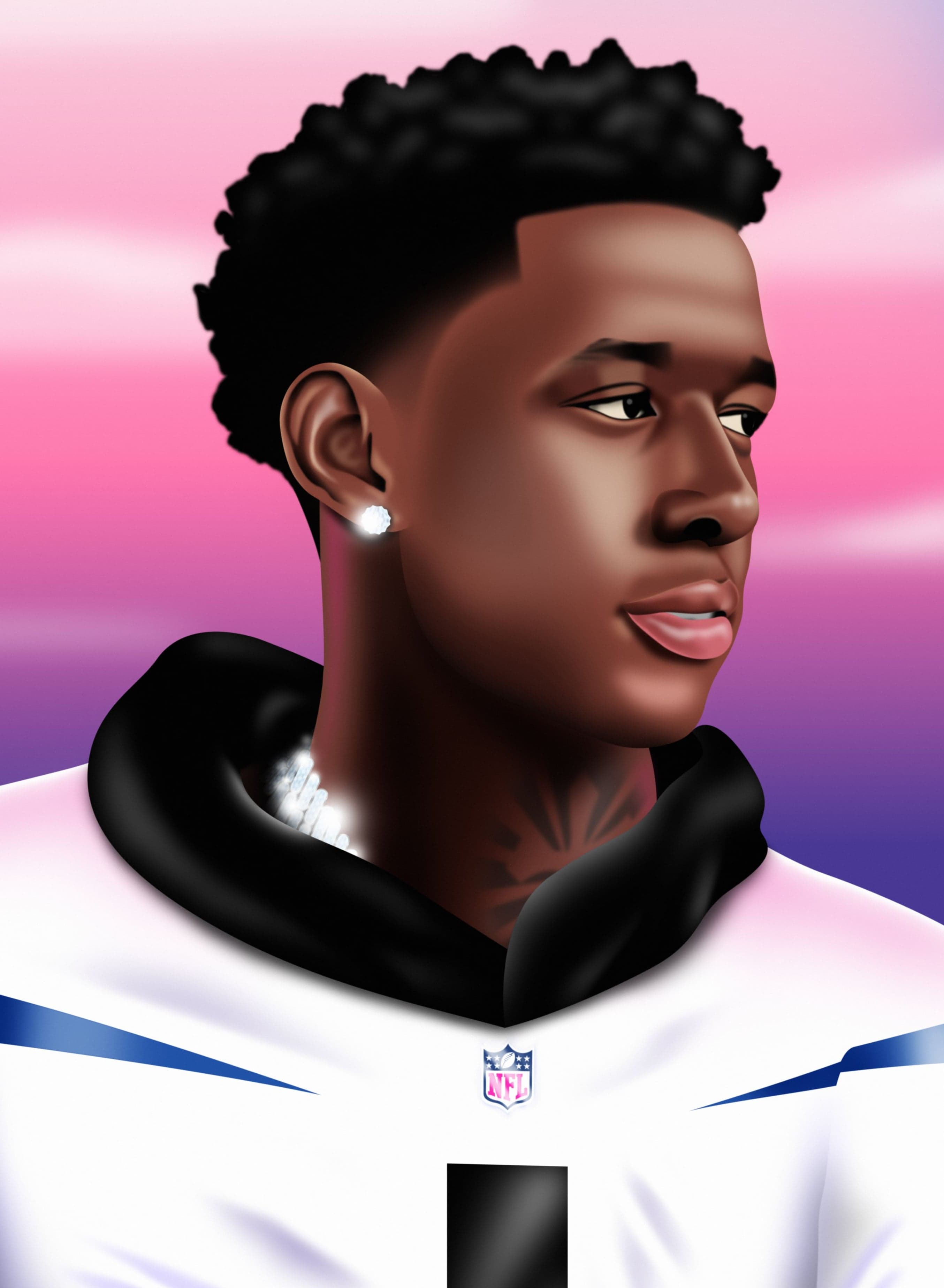 A digitally painted portrait of a player in a white jersey and black hoodie against a pink sky