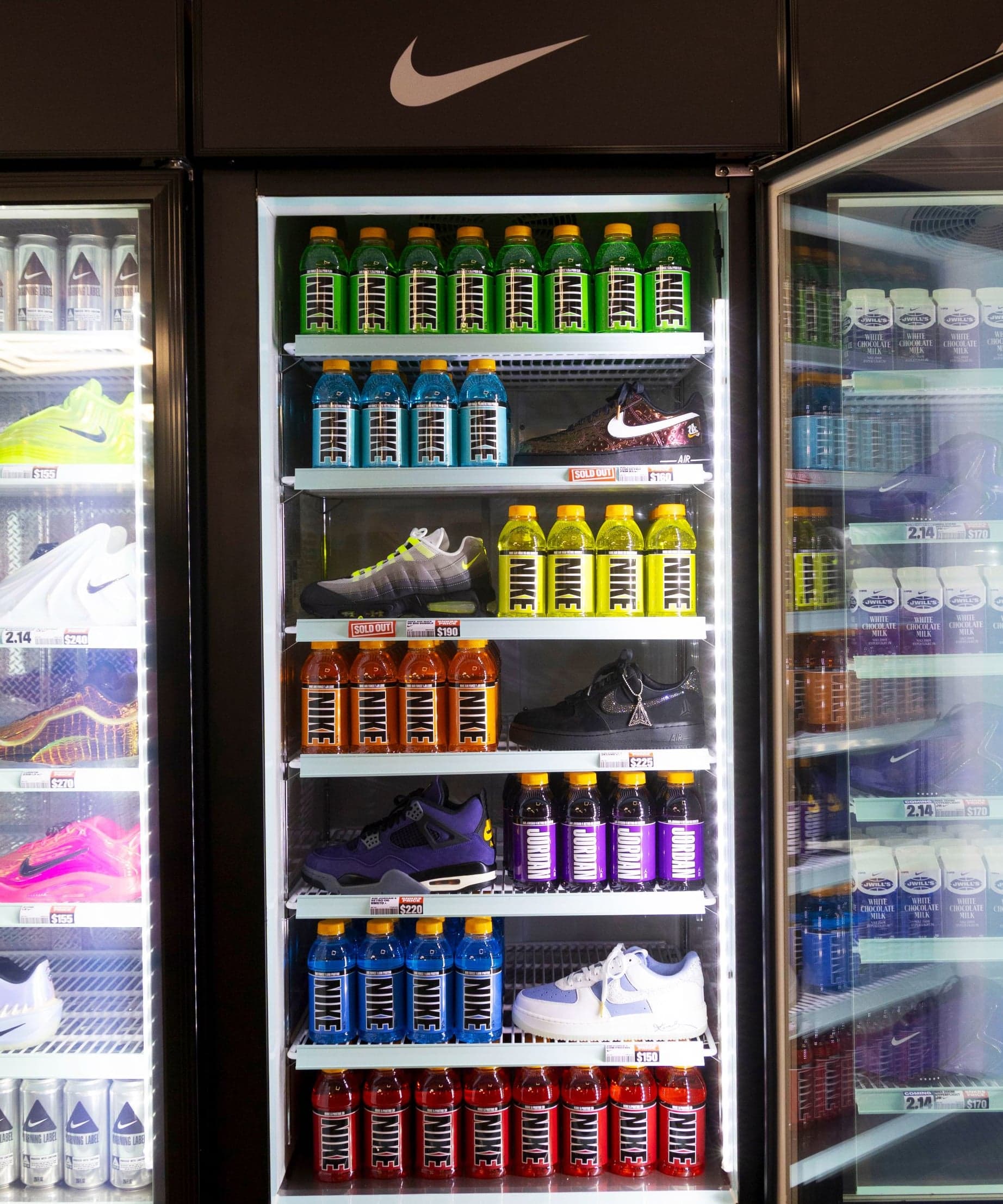 Drinks fridges in the cafeteria stocked with sneakers and bottles