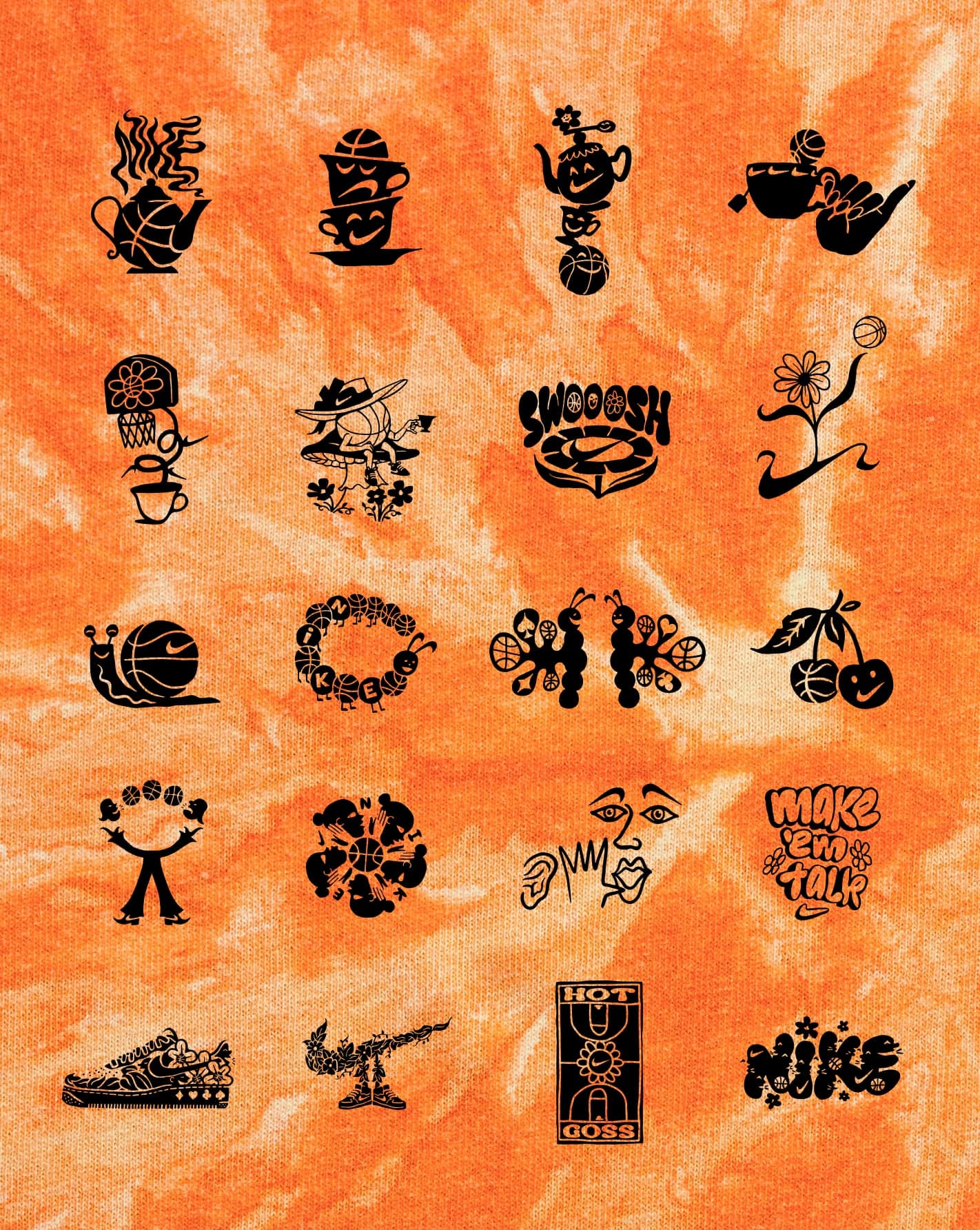 A sheet of black customization graphics on an orange tie-dye background