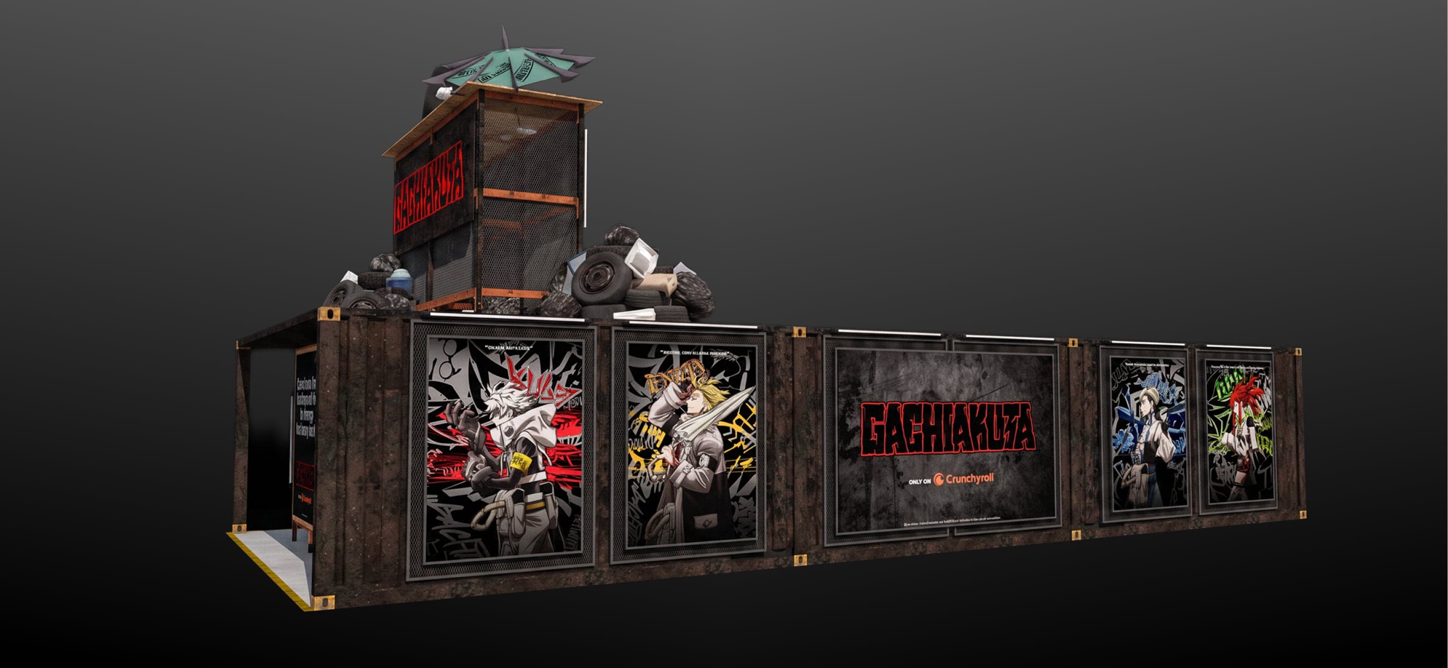 A 3D render of the booth from the front: a container wall of Gachiakuta character panels under a tower of trash