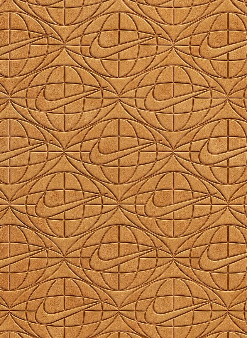 Tan leather embossed with a repeating globe-and-swoosh pattern