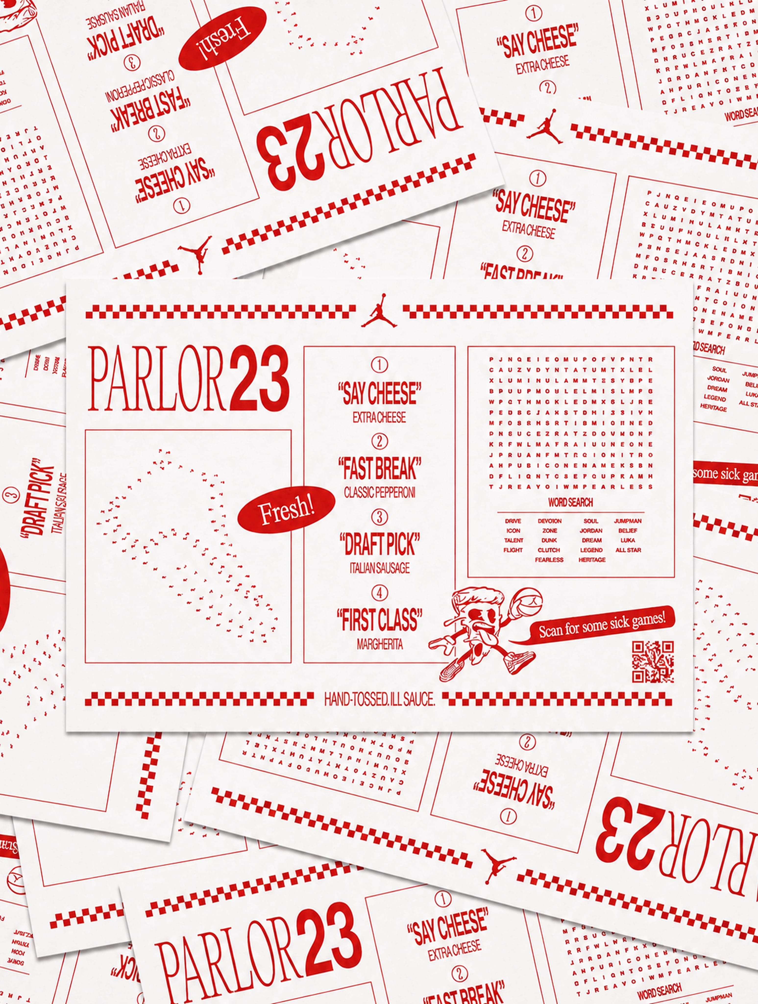 The Parlor 23 menu laid flat, printed in red with games and the pizza mascot