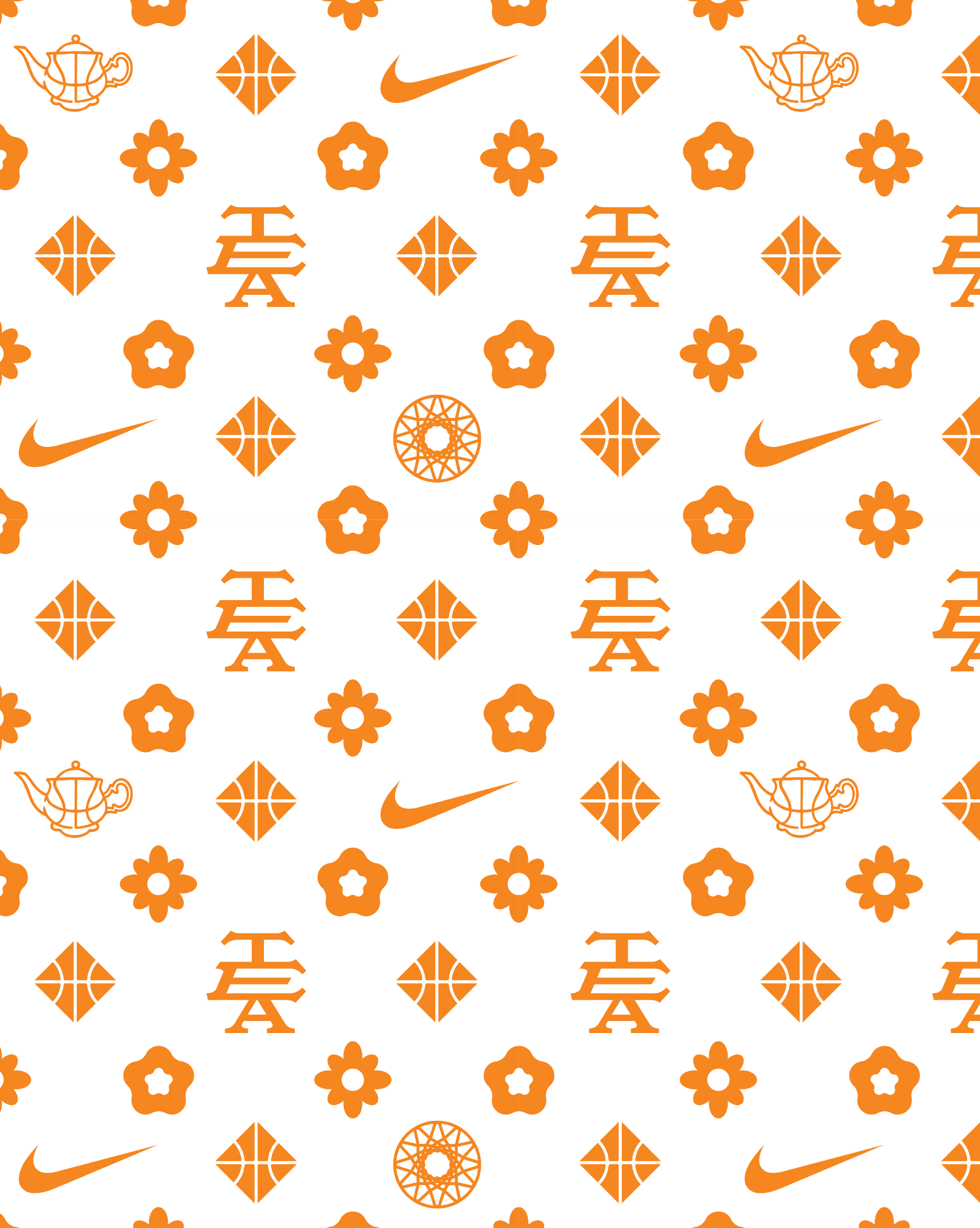 An orange pattern of teapots, flowers and Nike swooshes