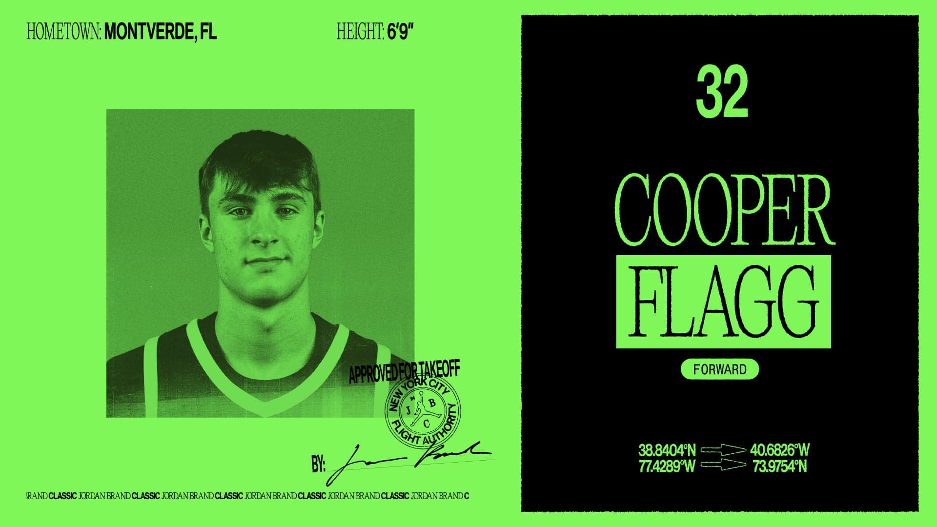 A neon green player card with a portrait, the name Cooper Flagg and the number 32 on black