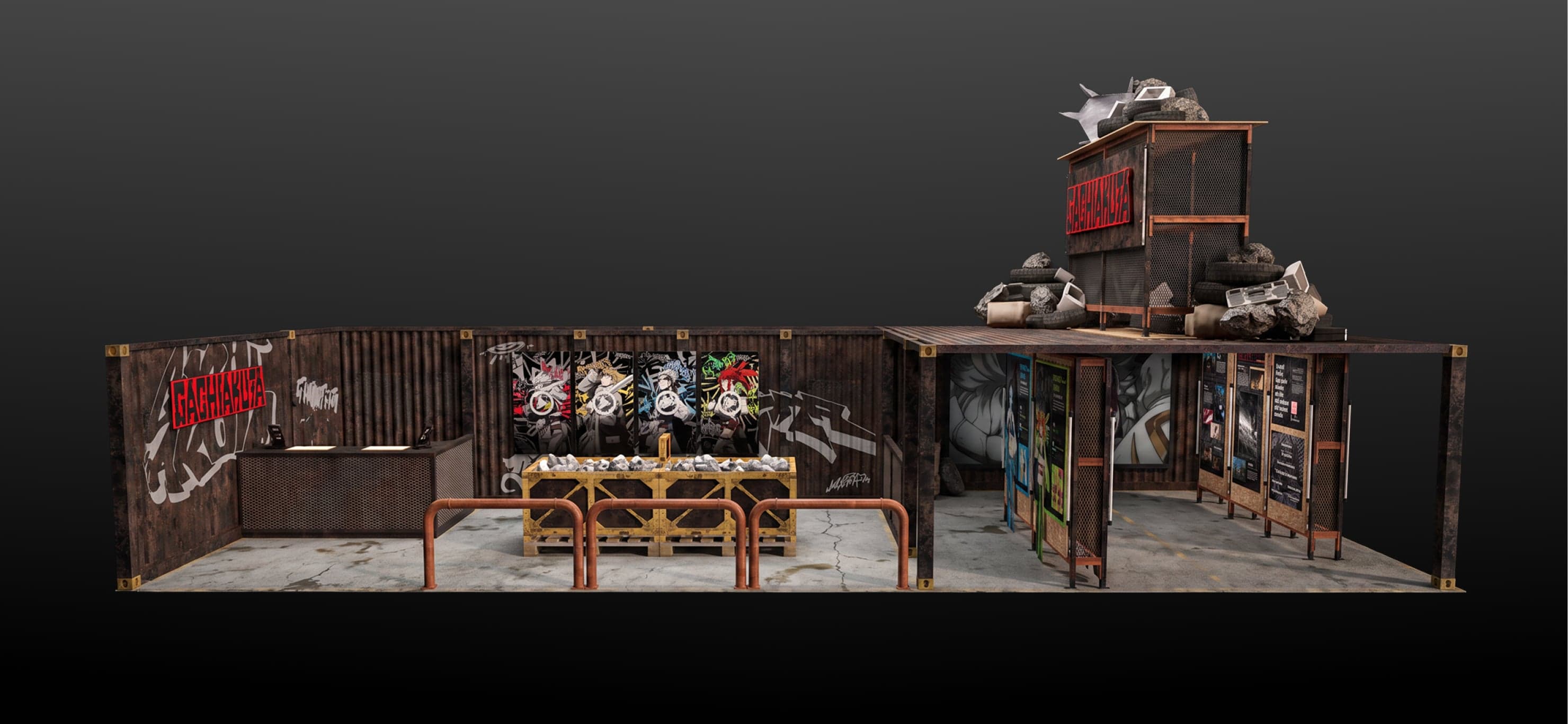 A 3D render of the booth from the side, showing the trash pit and the collection desk