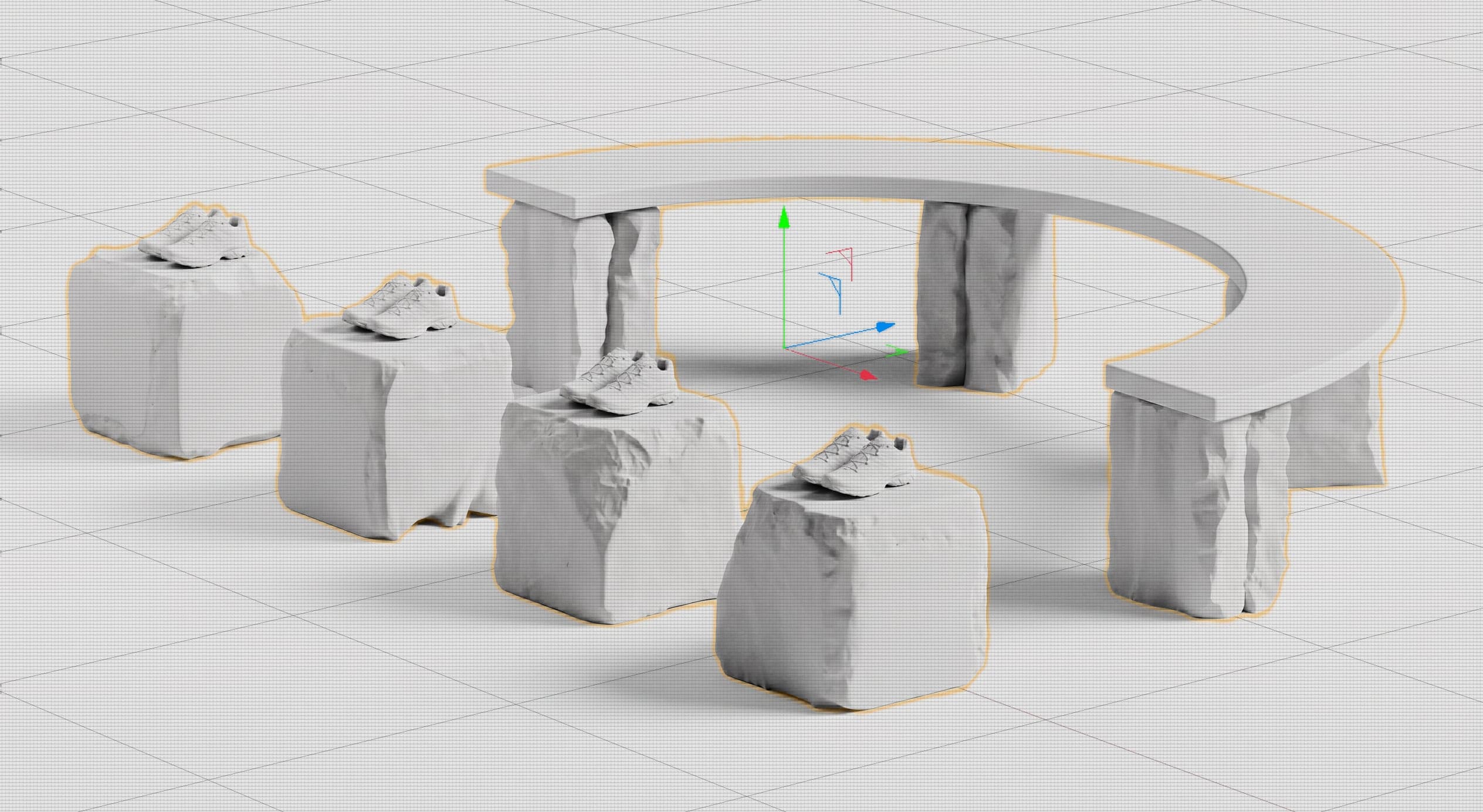 3D render of stone plinths and a curved stone bench displaying shoes