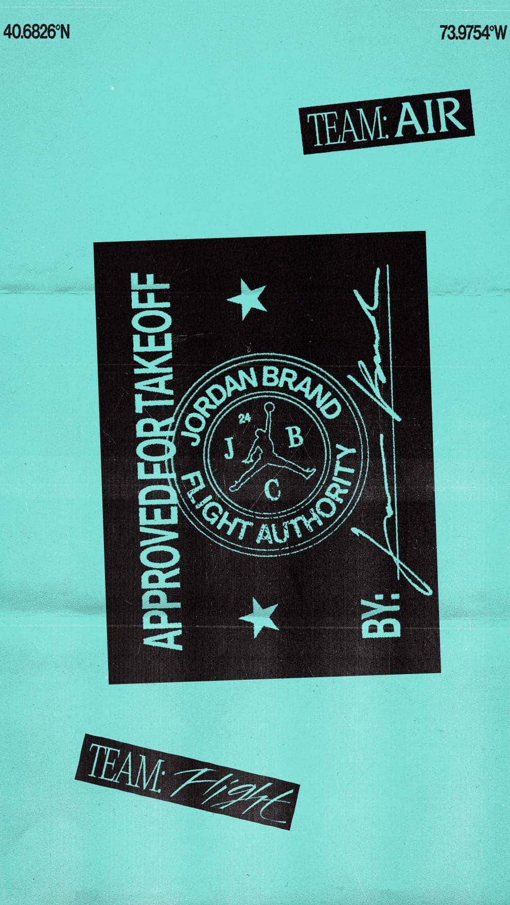 A teal poster reading Approved for Takeoff with a Jordan Brand Classic flight authority seal