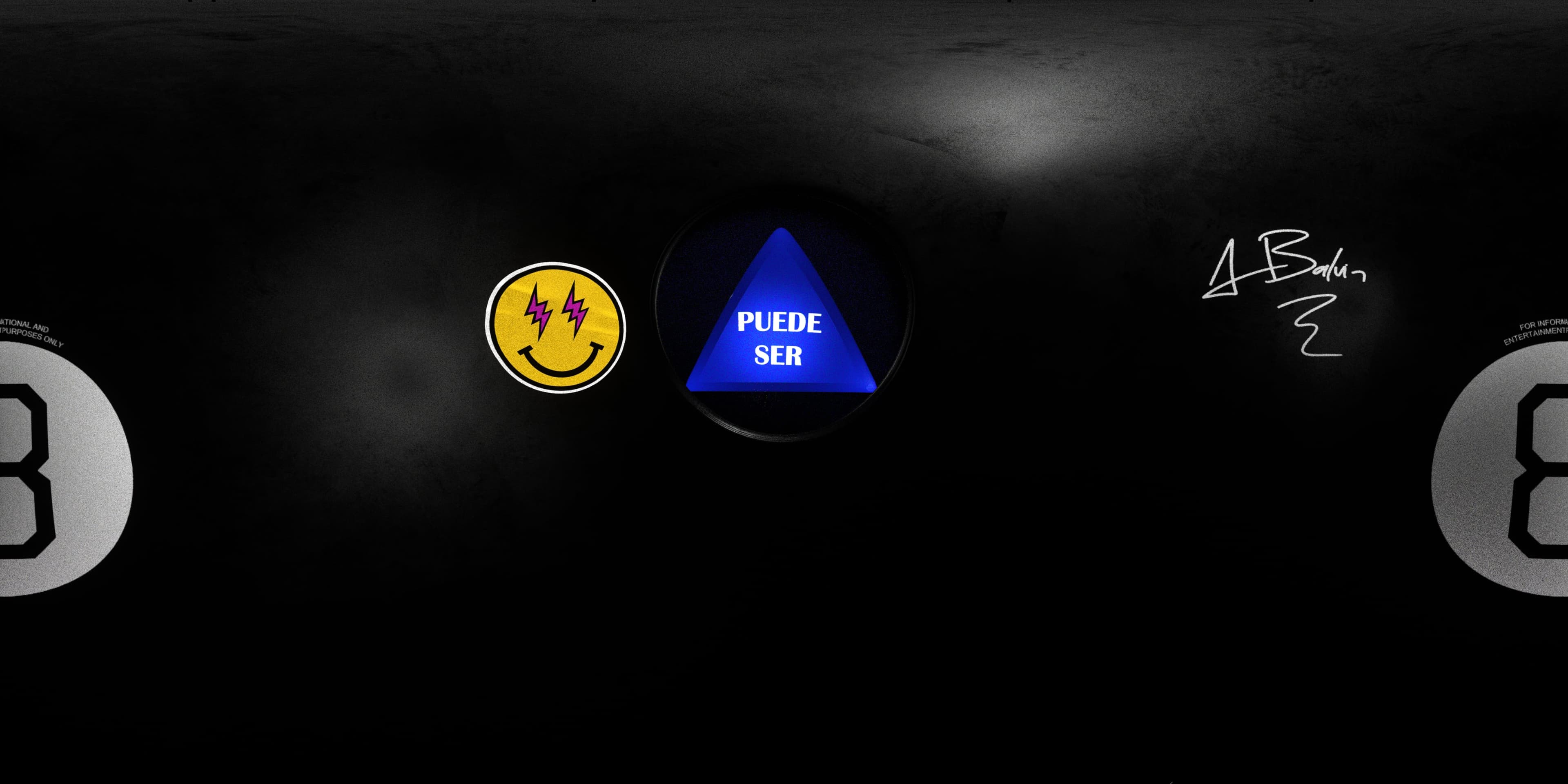 The 8 Ball artwork unwrapped flat: a smiley, the blue “Puede ser” answer and a signature on black
