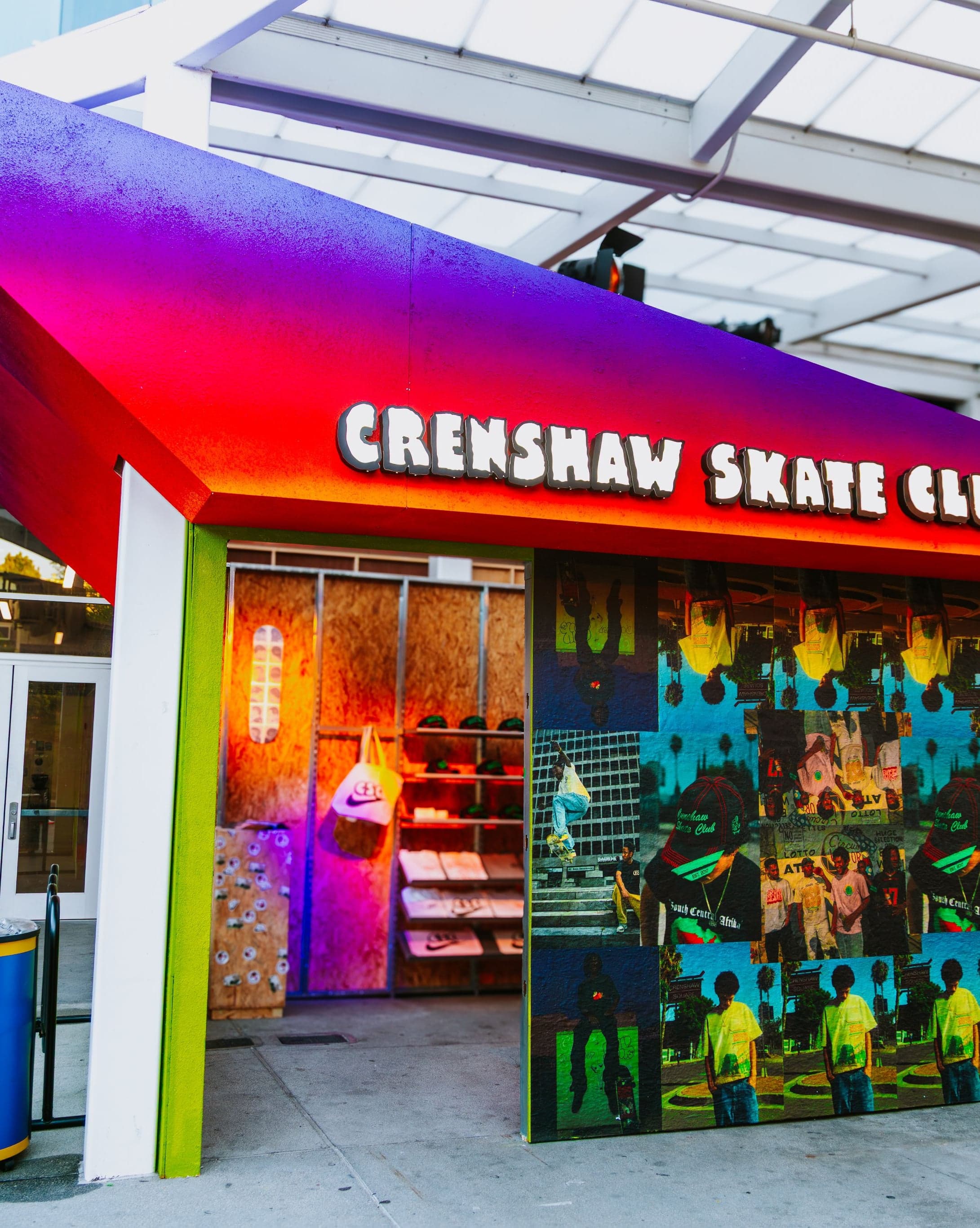 The Crenshaw Skate Club storefront with a patterned wall
