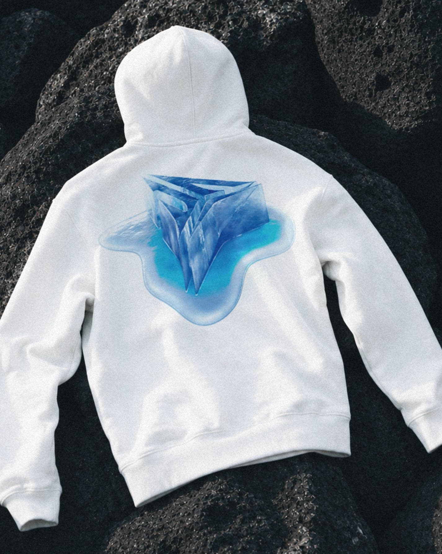 A white hoodie with a melting ice Ja logo on the back