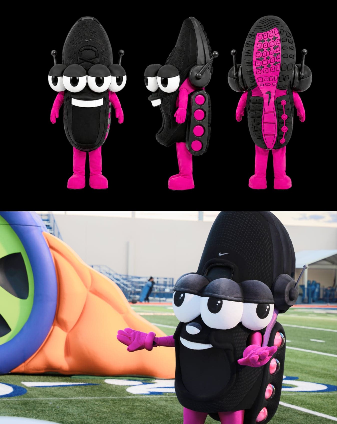 Three views of a black cleat character with pink soles, above the same character standing on the field