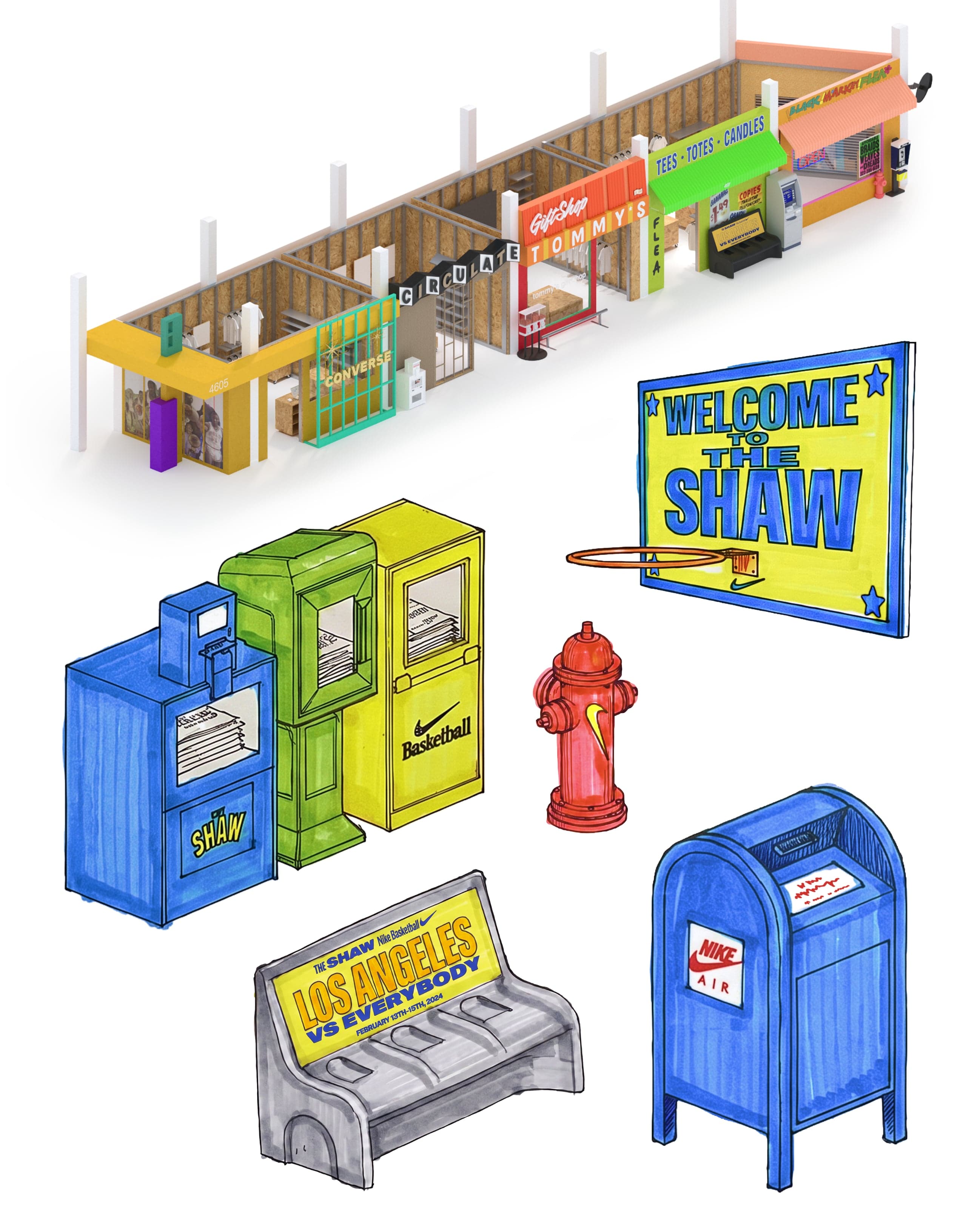 Drawings of the event’s street furniture: newspaper boxes, mailboxes, a hydrant, a bench and a Welcome to The Shaw sign