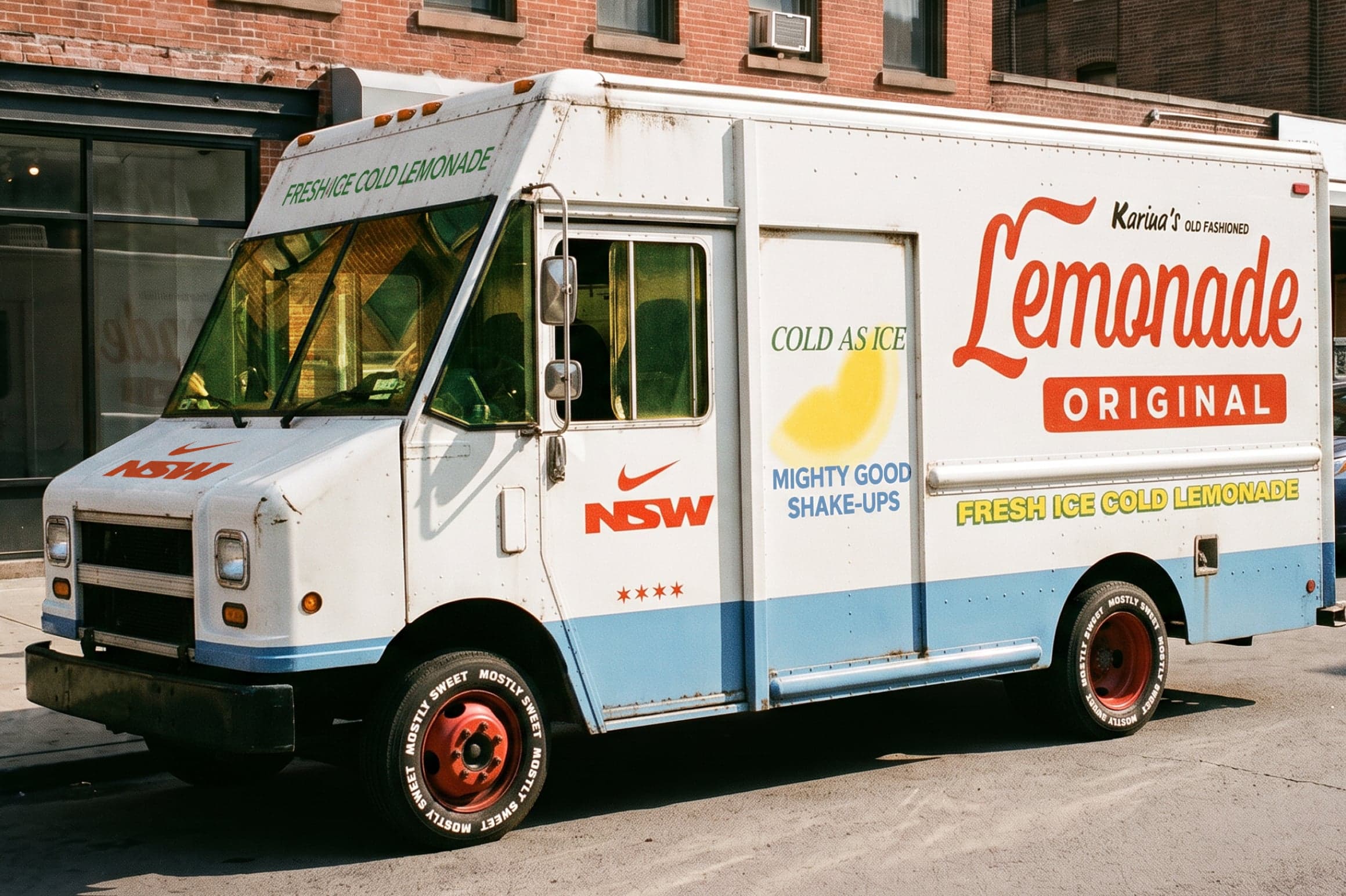 A white and blue Lemonade truck with a Nike swoosh, parked on a city street