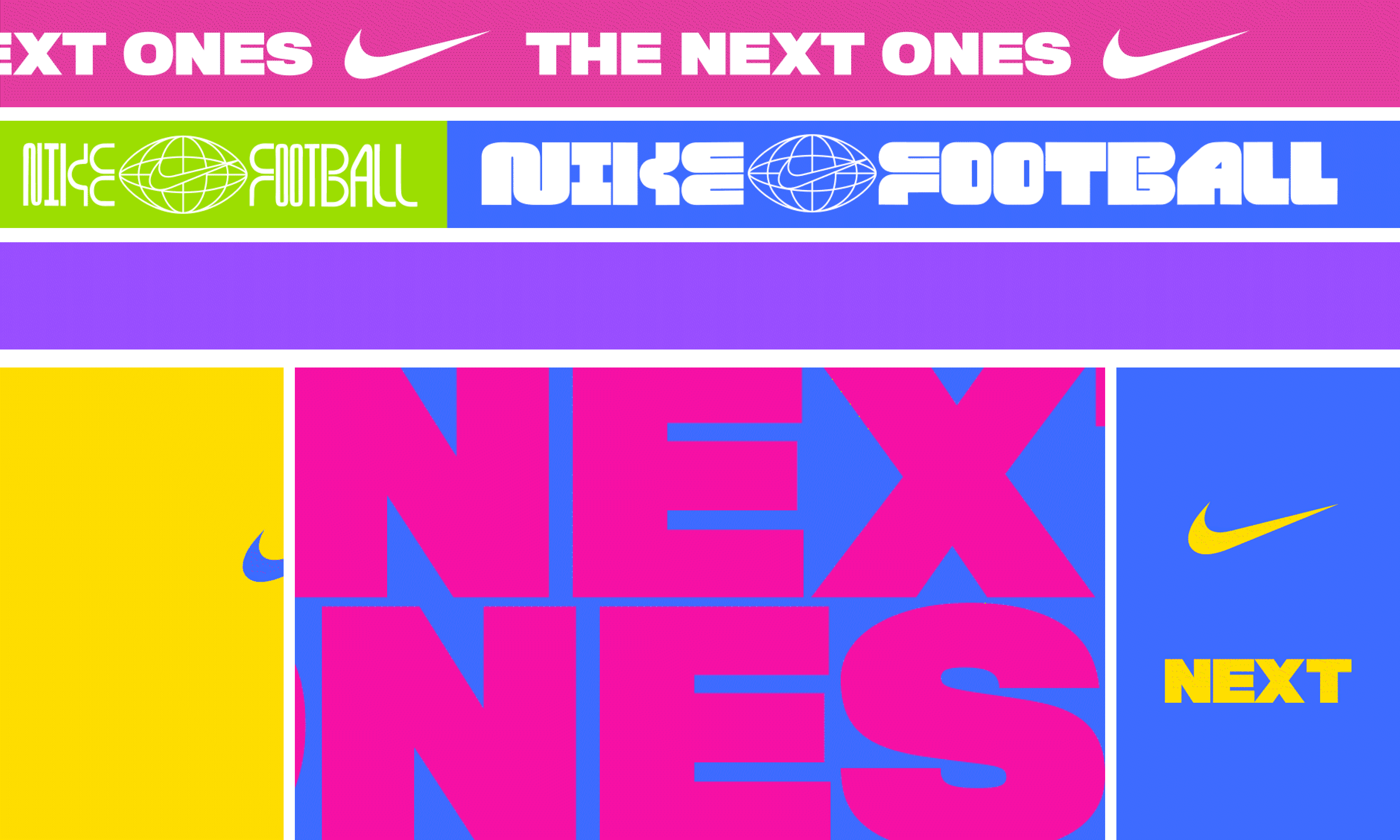 The Next Ones and Nike Football identity in banners of bold pink, blue and yellow type